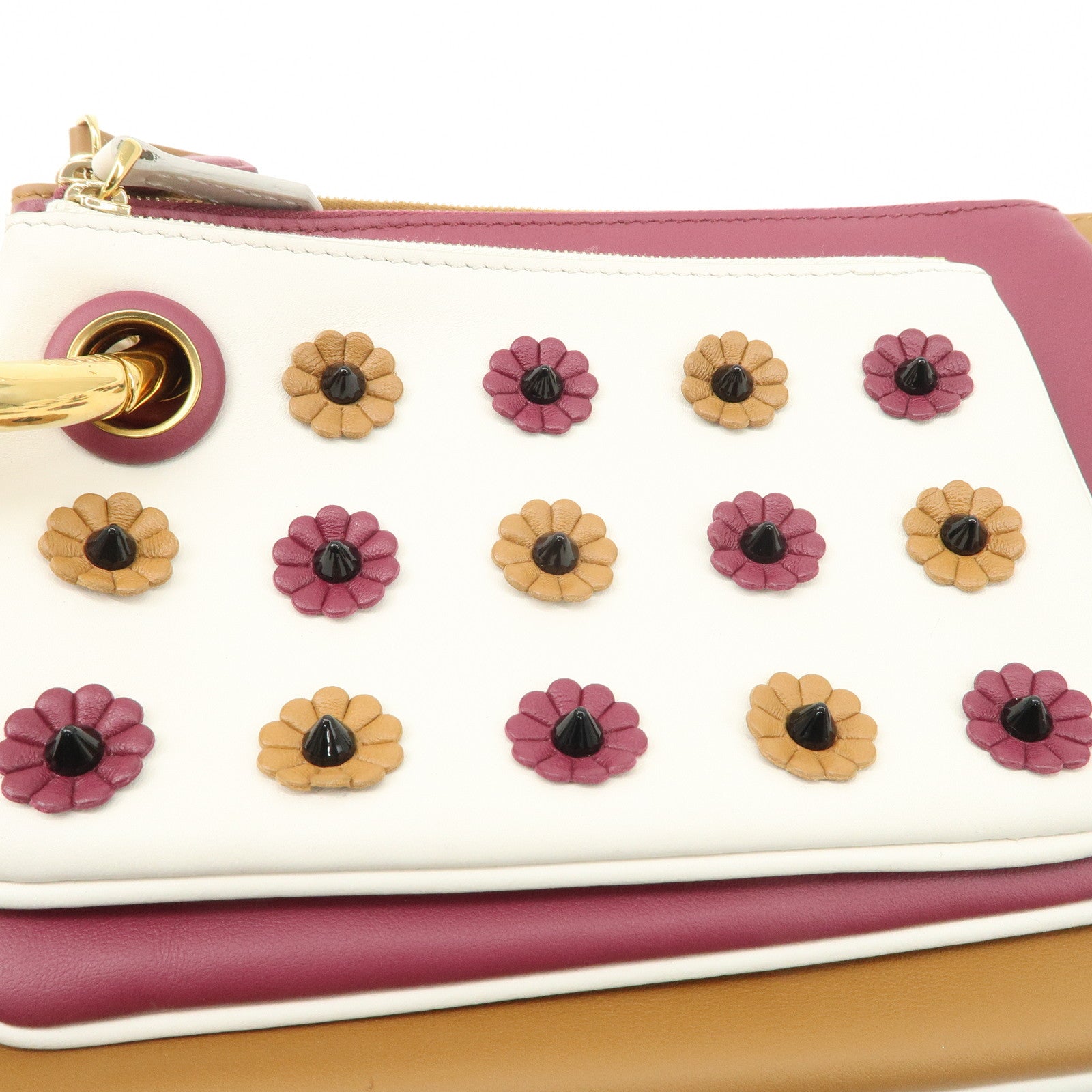 FENDI Leather Flower Studs Triplet Pouch Hand Bag 8BS001 Used