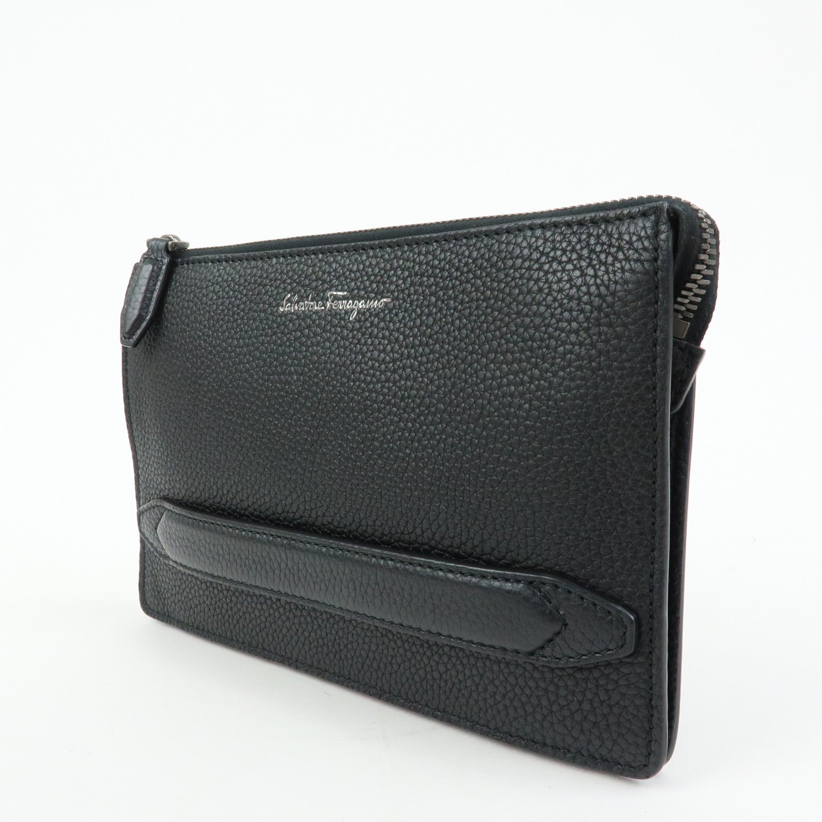 Ferragamo Leather Clutch Bag Flat Pouch Purse Black