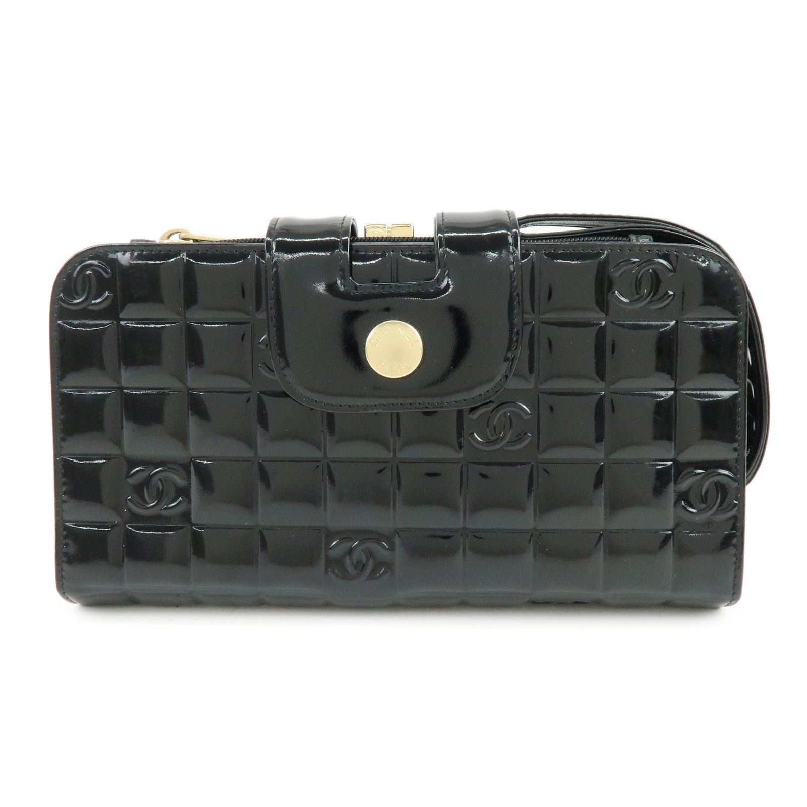 CHANEL COCO Mark Chocolate Bar Patent Leather Long Wallet Black