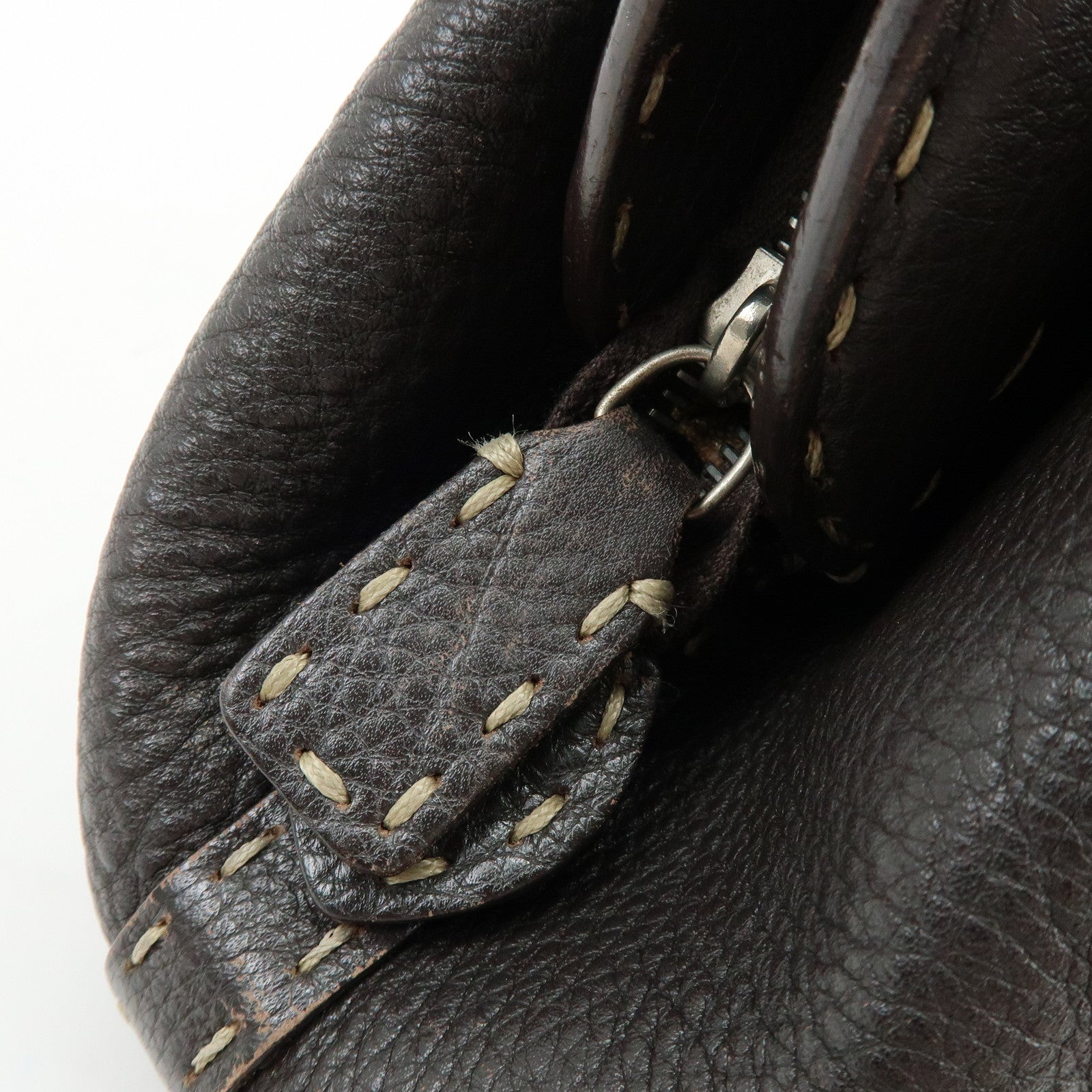 FENDI Selleria Stitches Leather Boston Bag Hand Bag Dark Brown 8BN127