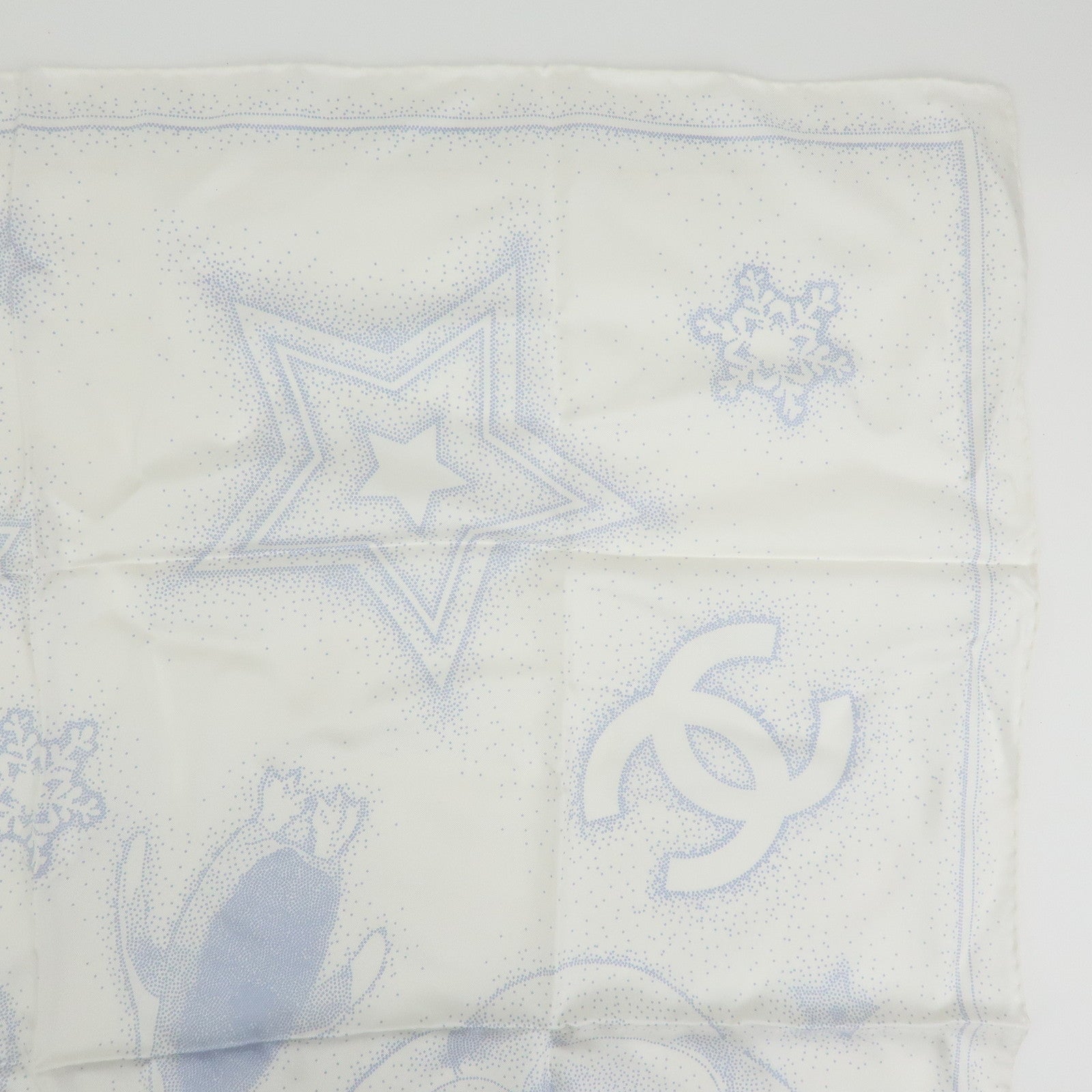 CHANEL Camelia COCO Mark Silk 100% Scarf Bear Penguin White Light Blue