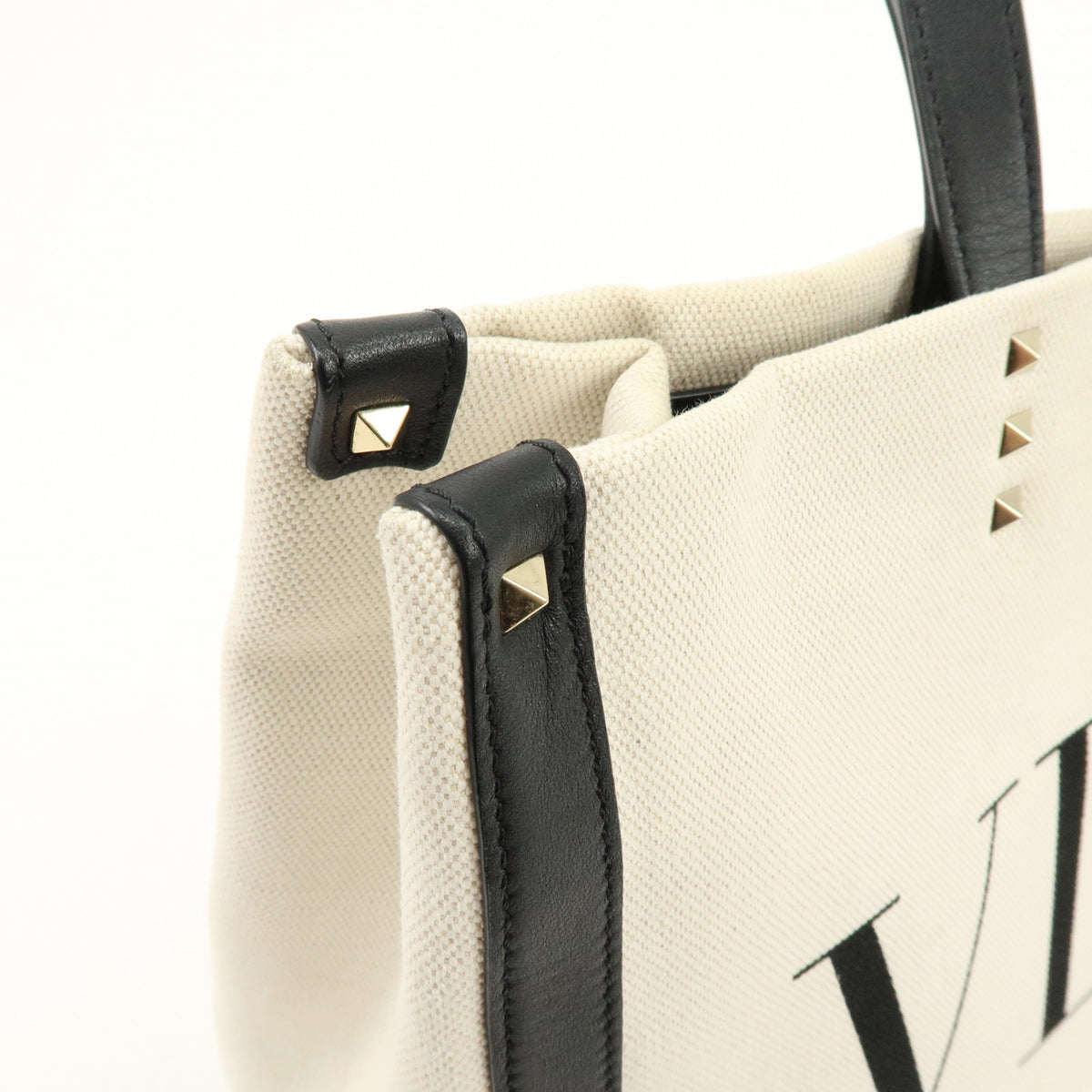 VALENTINO VLTN Rockstud Canvas Leather Tote Bag Hand Bag White Black