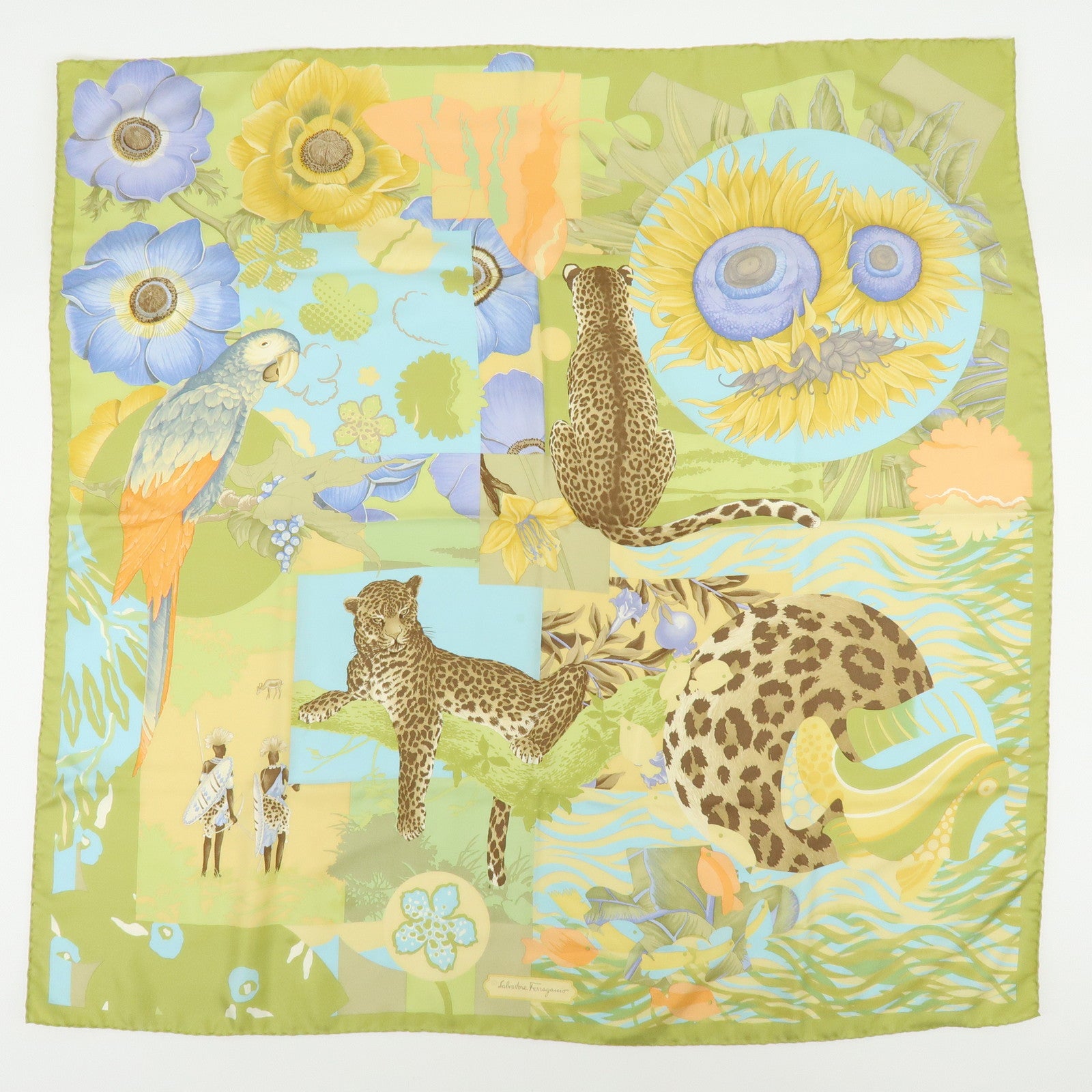 Ferragamo Set of 2 Silk 100% Scarf Tiger Elephant Print Light Green