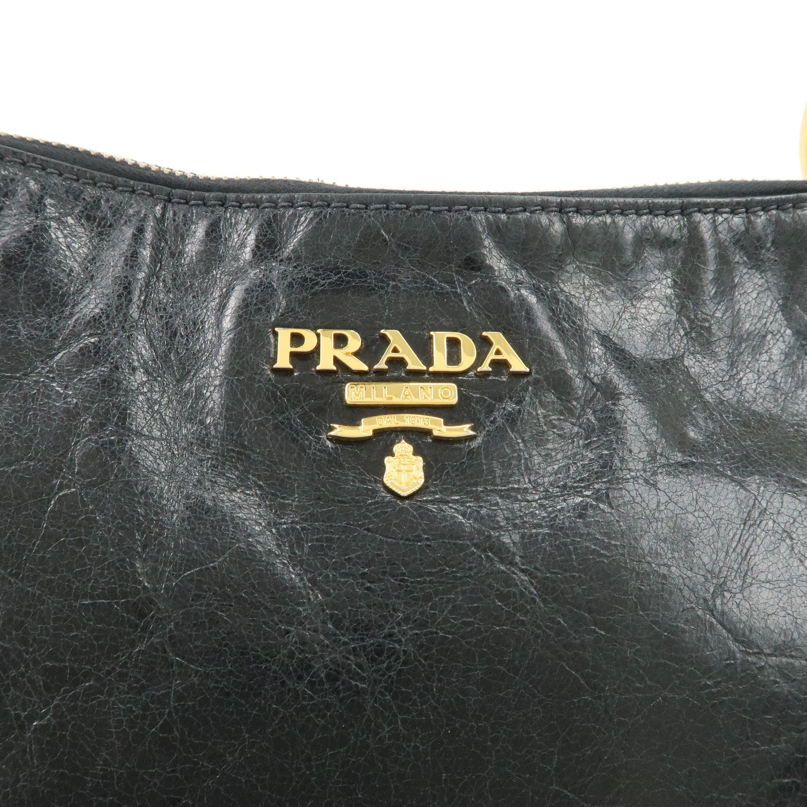 PRADA Logo Leather Shoulder Bag Hand Bag Gold Hardware Black Used