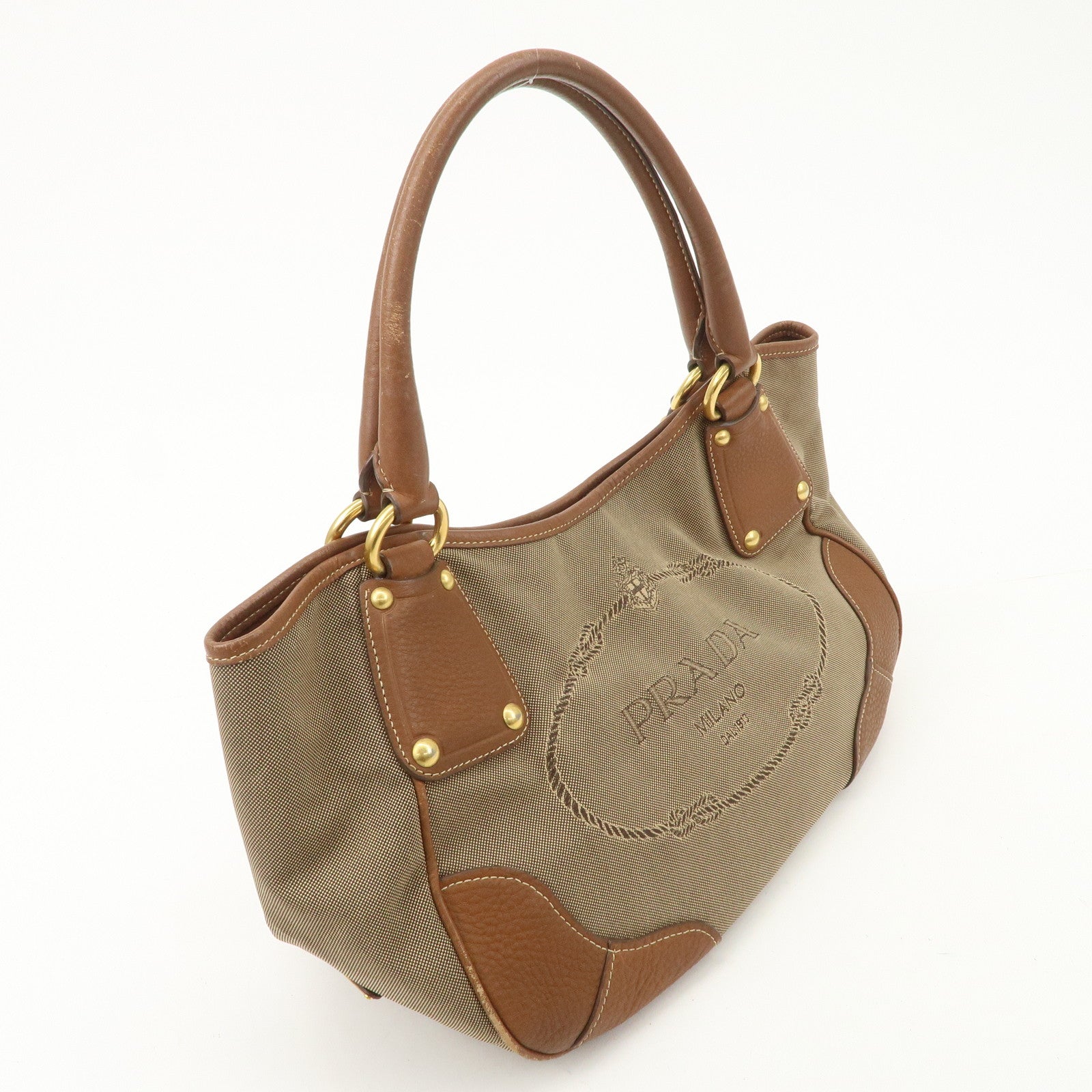 PRADA Logo Jacquard Leather Tote Bag Hand Bag Brown BR4635 Used