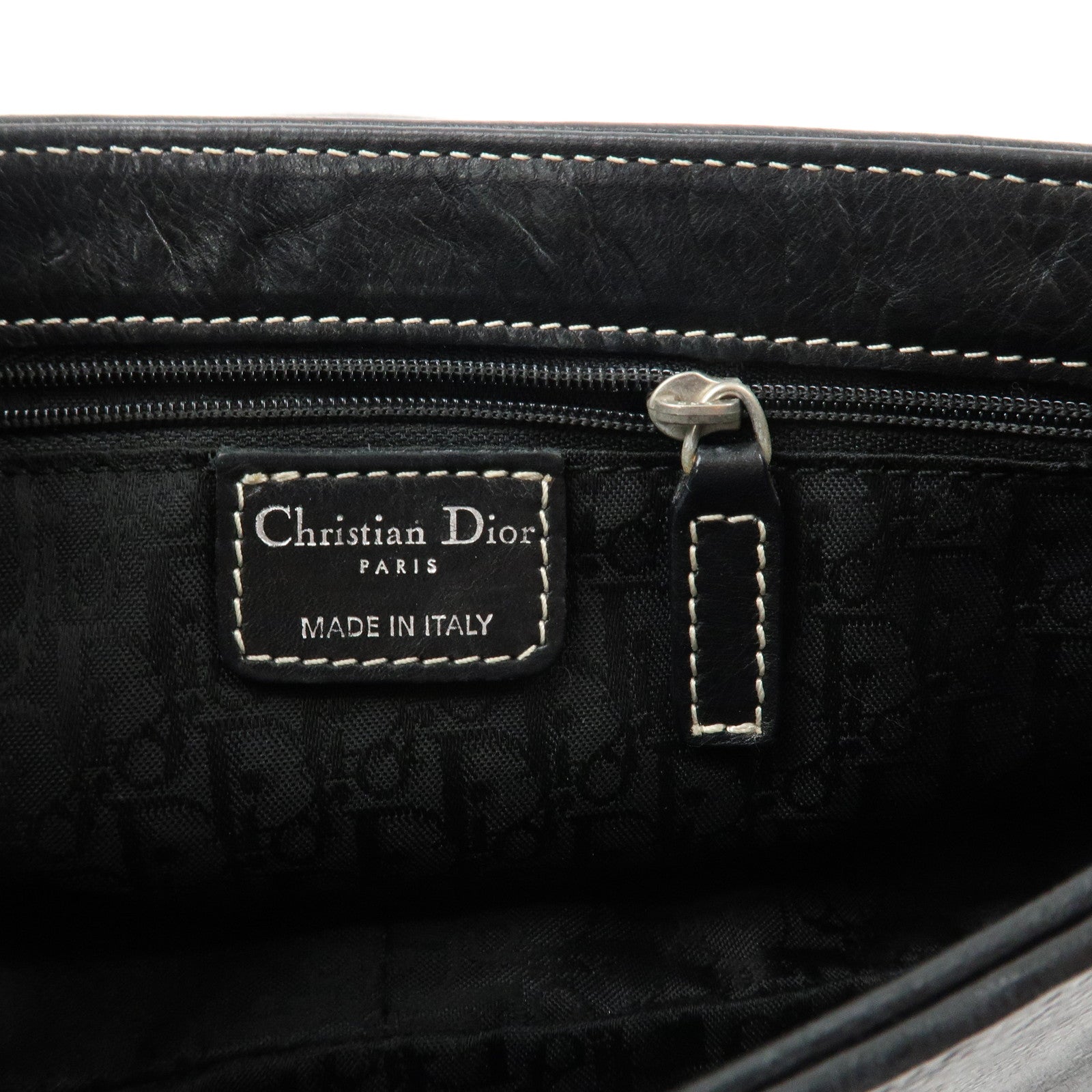 Christian Dior CD Logo Leather Shoulder Bag Hand Bag Black Used