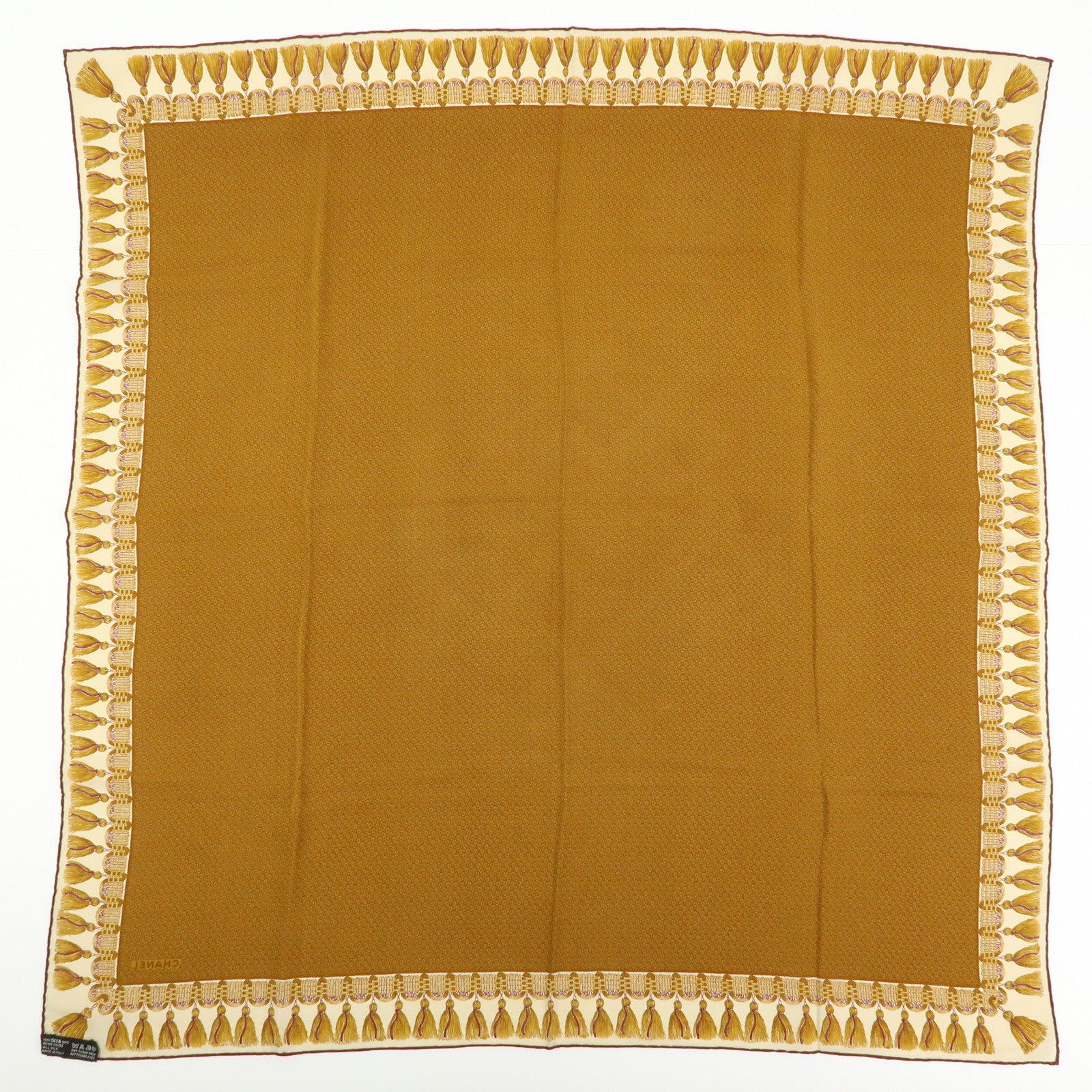 CHANEL Silk 100% Scarf Shawl Tassel Pattern Brown Bordeaux