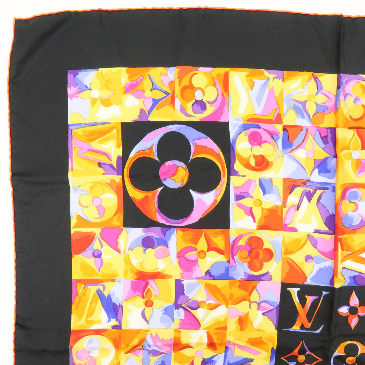 Louis Vuitton Monogram Carre 90 Silk 100% Scarf Au Fil Du Temps black