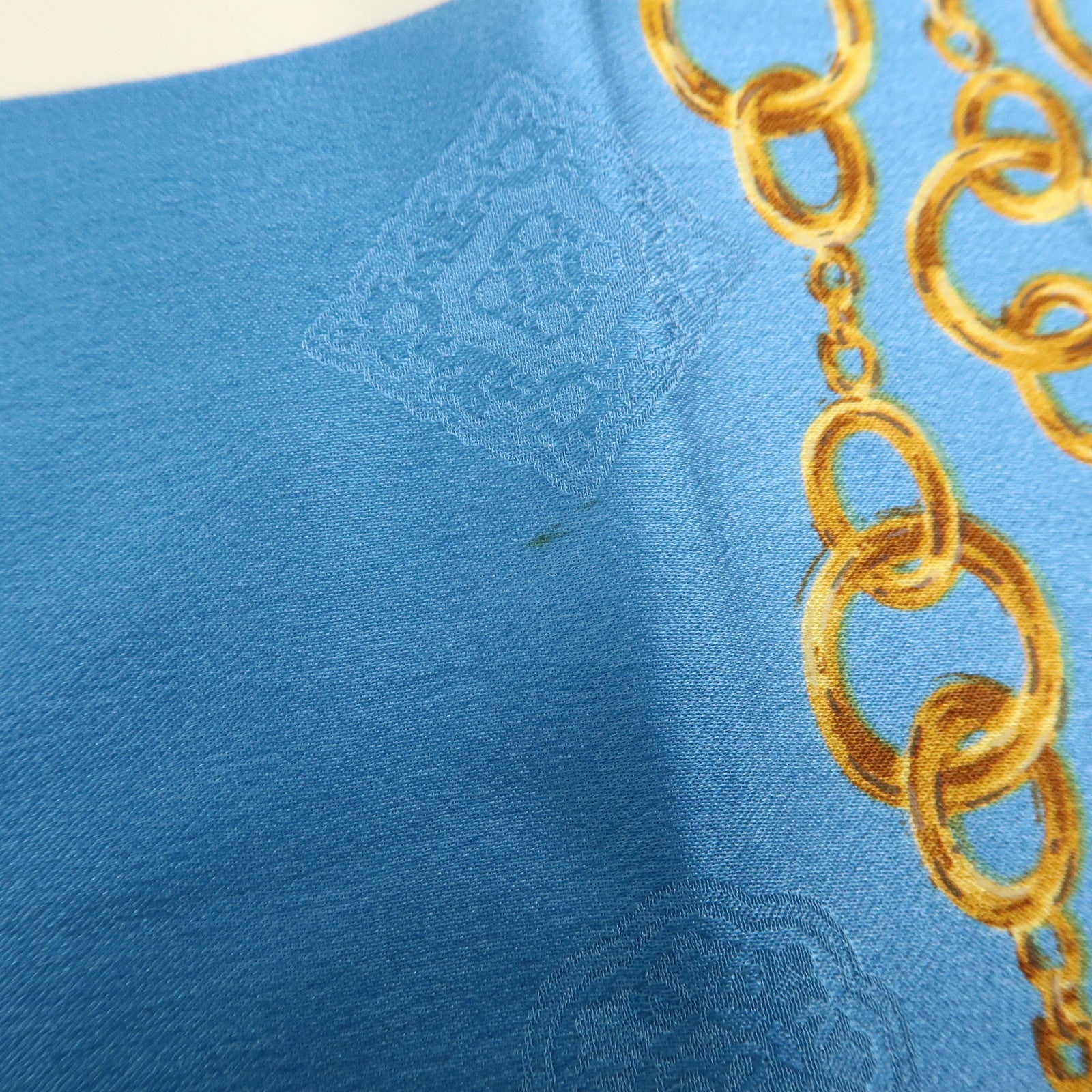 CHANEL Silk 100% Scarf Gold Chain Motif Light Blue White