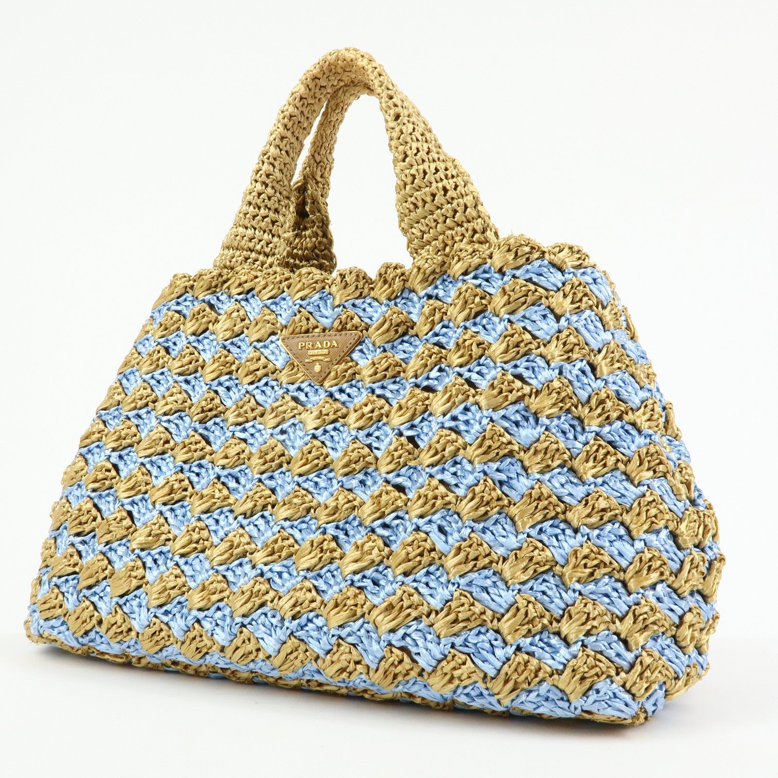 PRADA Triangle Logo Canapa Raffia Tote Bag Hand Bag Beige Blue