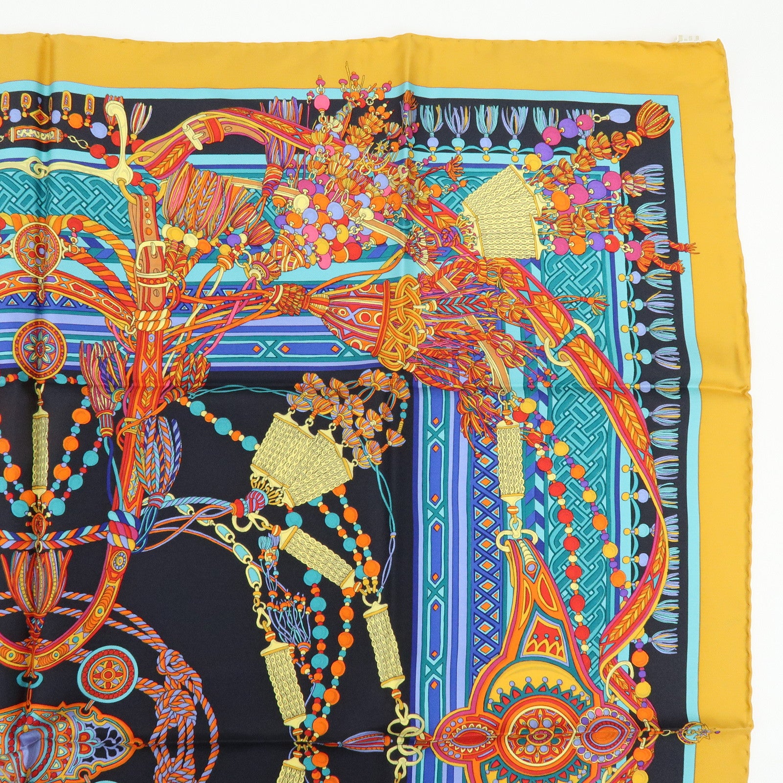 GUCCI Silk 100% Scarf Tassel Motif Black Yellow Multicolor