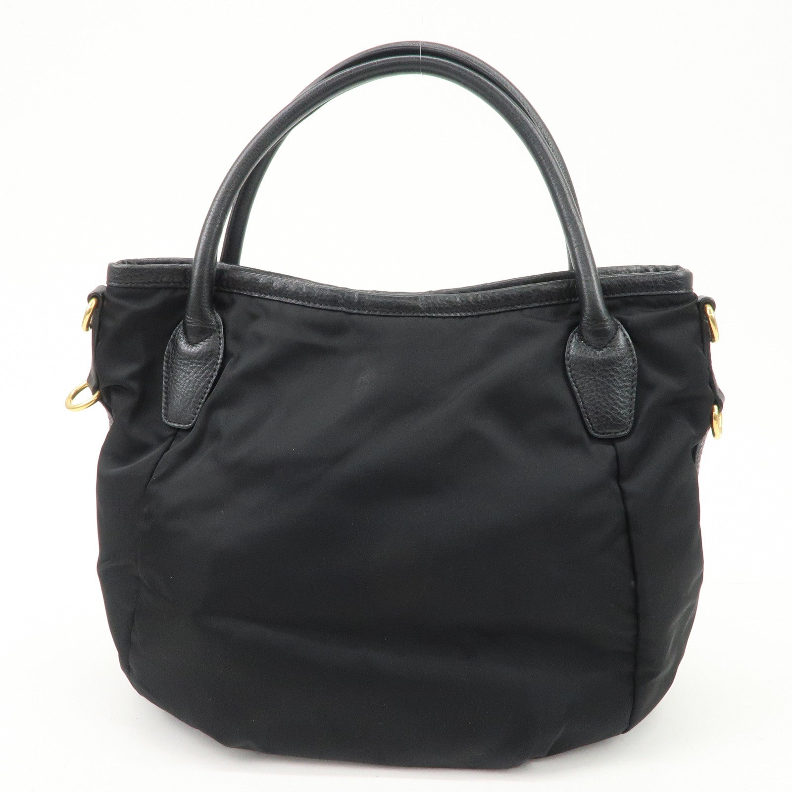 PRADA Logo Nylon Leather 2way Tote Bag Hand Bag Black Gold Hardware Used