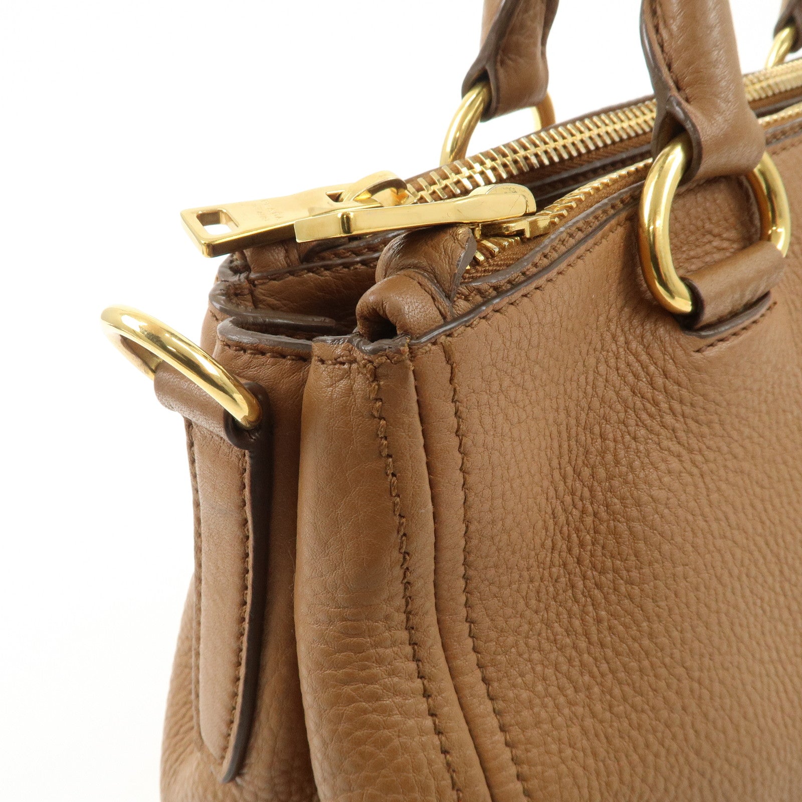 PRADA Logo Leather 2WAY Tote Bag Hand Bag Brown Gold Hardware Used