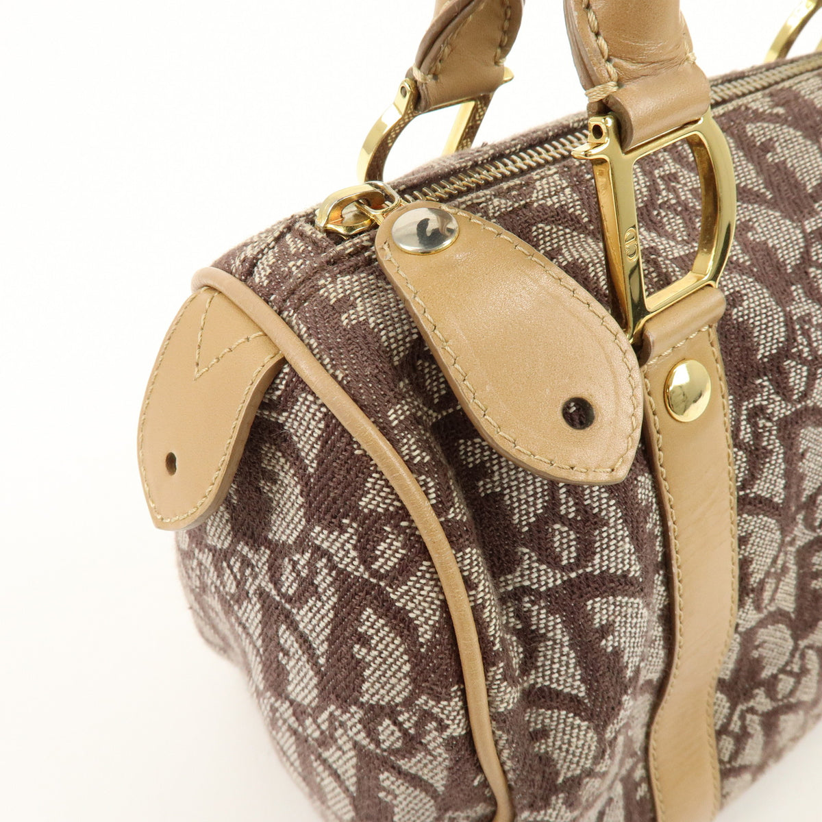 Christian Dior Trotter Jacquard Canvas Leather Boston Bag Brown Beige