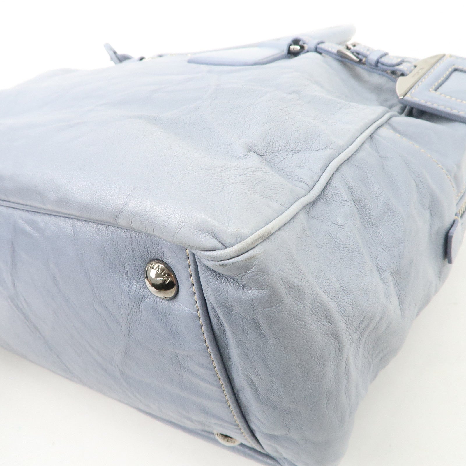 PRADA Logo Leather Shoulder Bag Hand Bag Blue BL094F Used