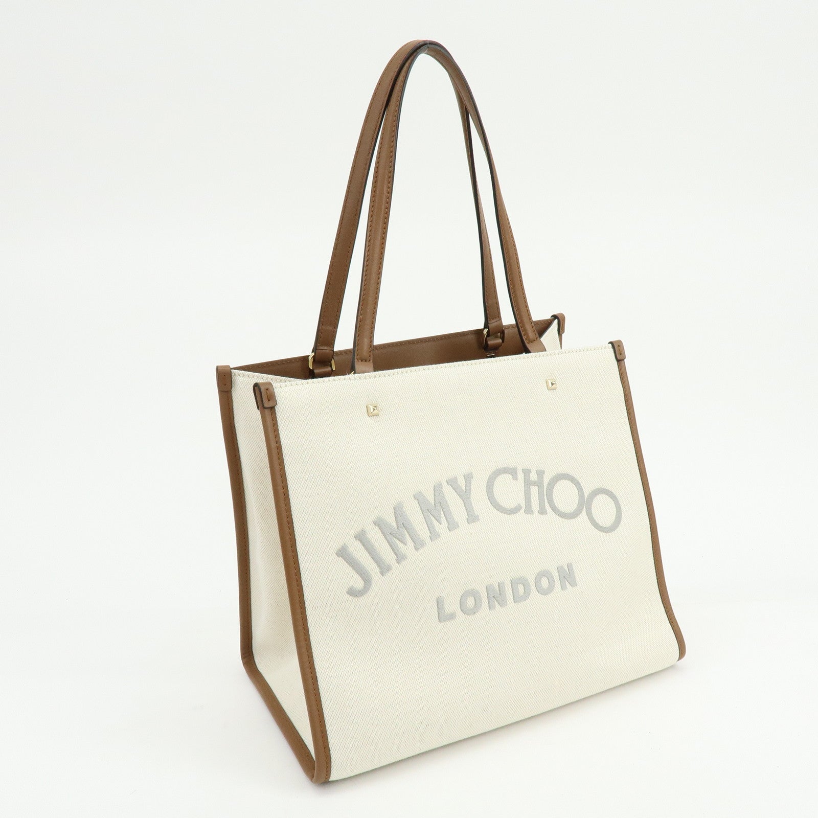 JIMMY CHOO Varennes Canvas Leather Tote Bag Shoulder Bag Ivory Brown