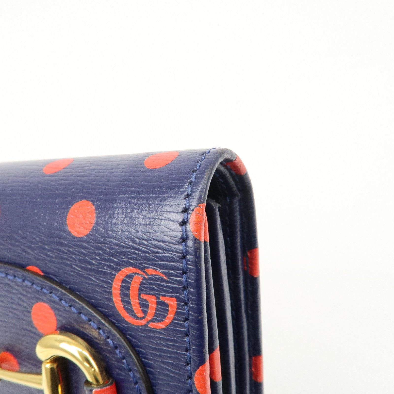 GUCCI Horsebit Dots Pattern Leather Bi-fold Wallet Navy Red 621891 Used