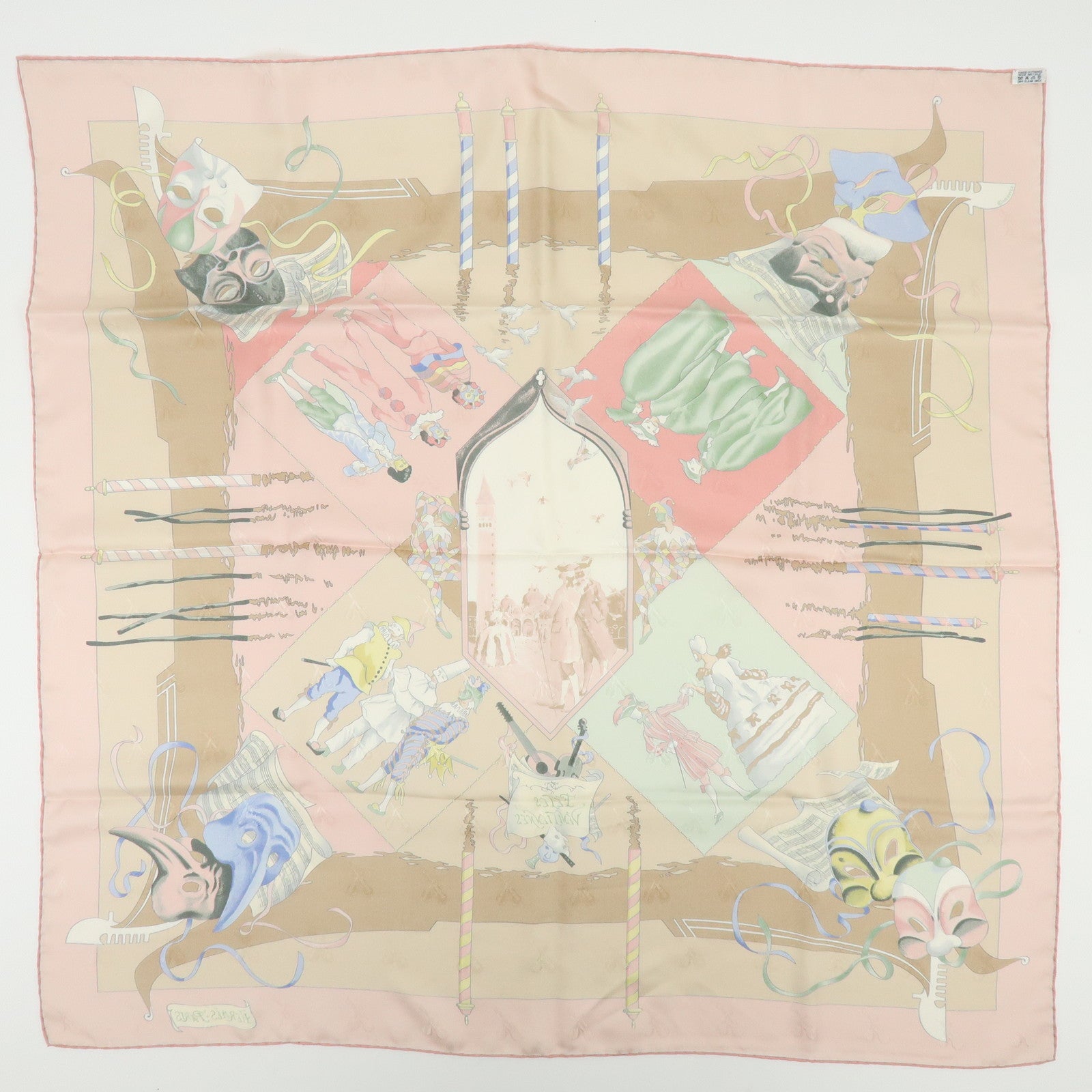 HERMES Carre 90 Silk 100% Scarf LE CARNAVAL DE VENISE Beige Pink