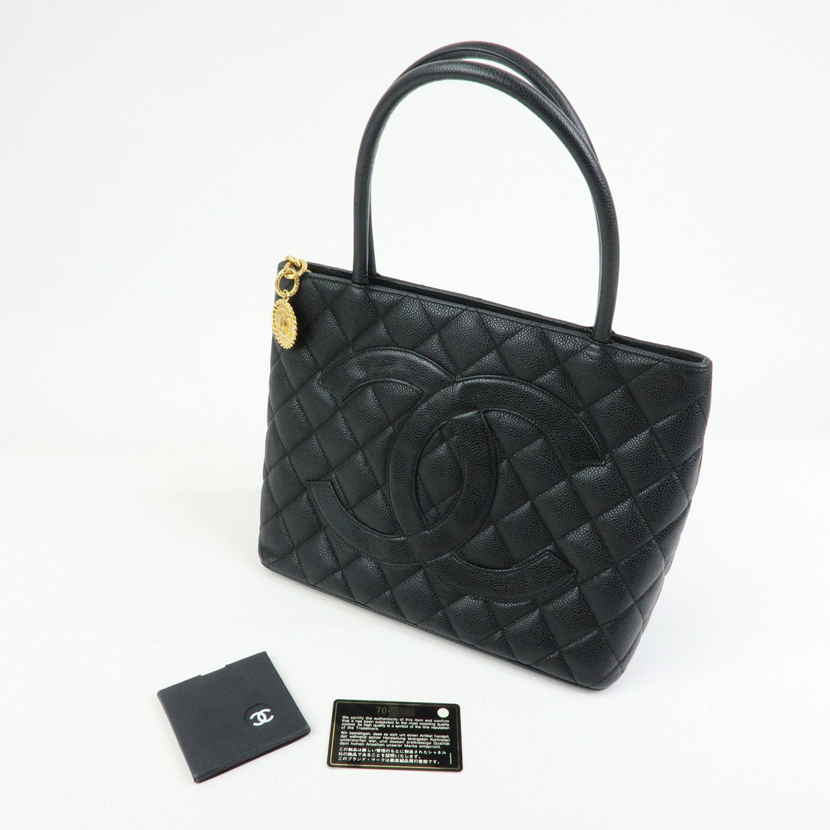 CHANEL Matelasse COCO Mark Caviarskin Medallion Tote Bag Black A01804