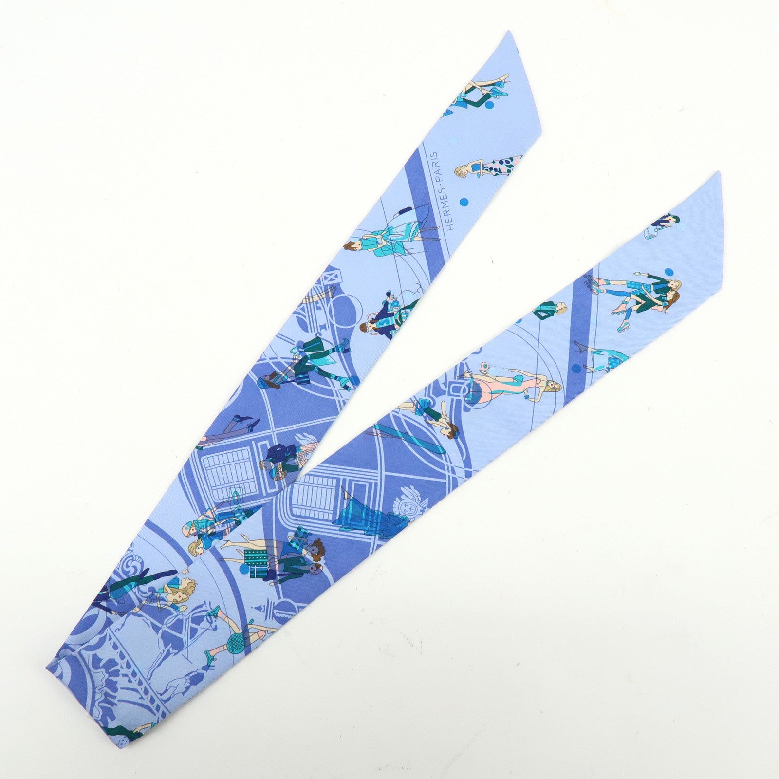 HERMES Twilly Silk 100% Scarf Ex-Libris Les Parisiennes Light Blue