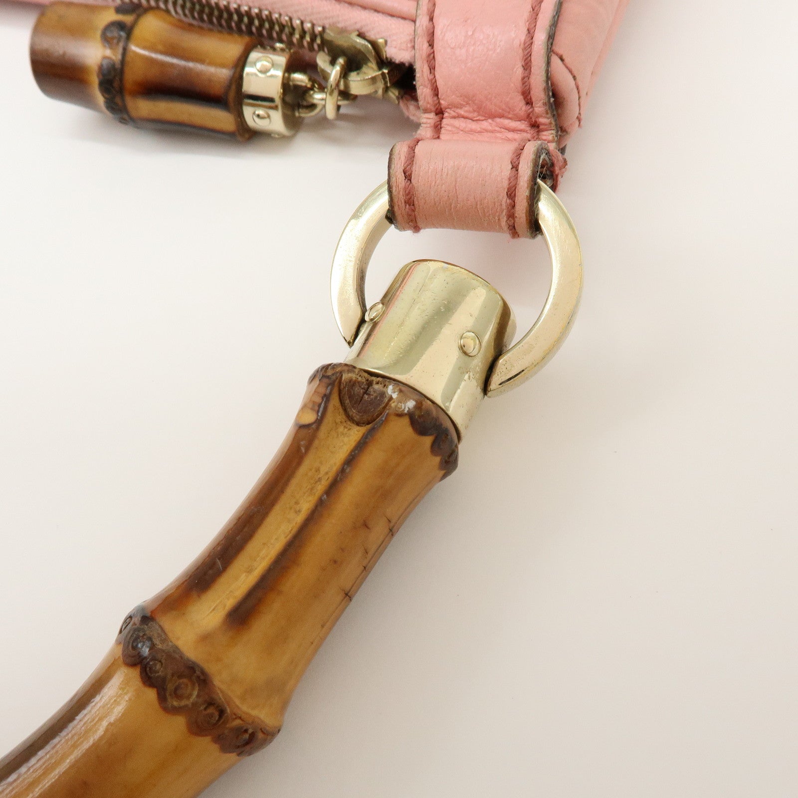 GUCCI Bamboo Leather Hand Bag Shoulder Bag Studs Pink 137378