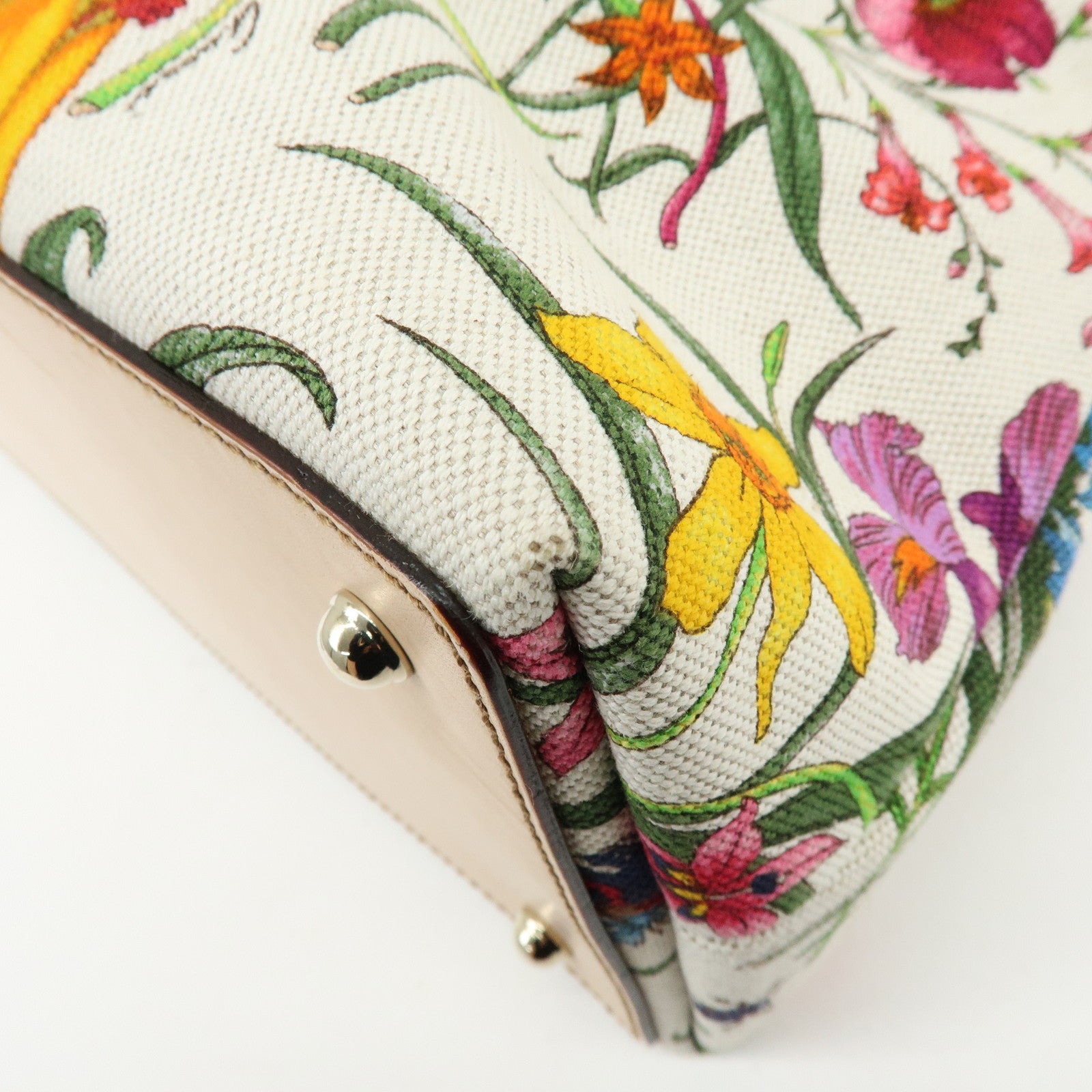 GUCCI Bamboo Flora Canvas Leather Hand Bag Multicolor Beige 137395