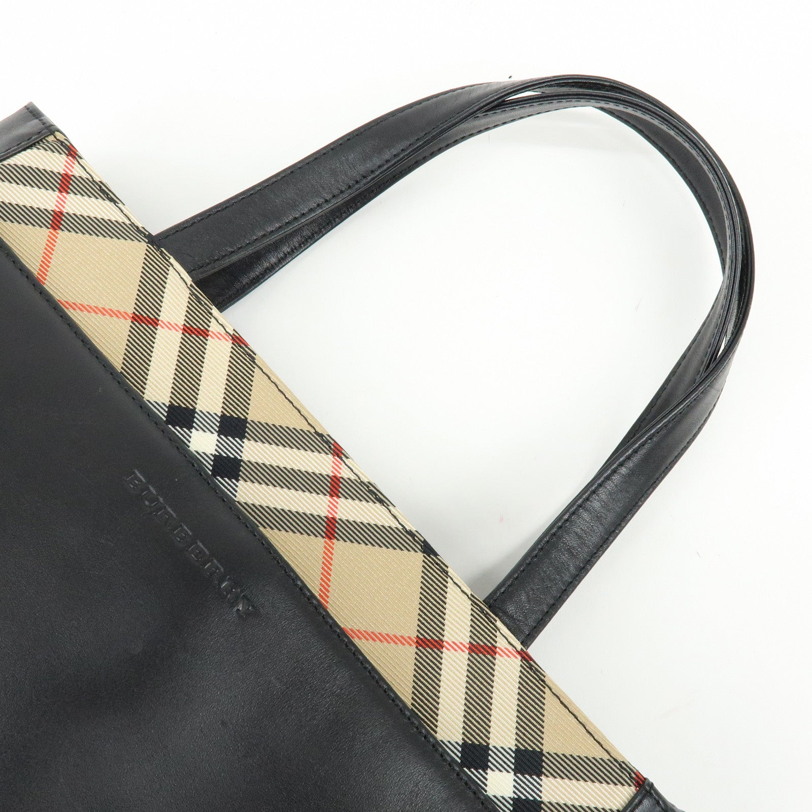 BURBERRY Logo Leather Tote Bag Hand Bag Nova Plaid Black