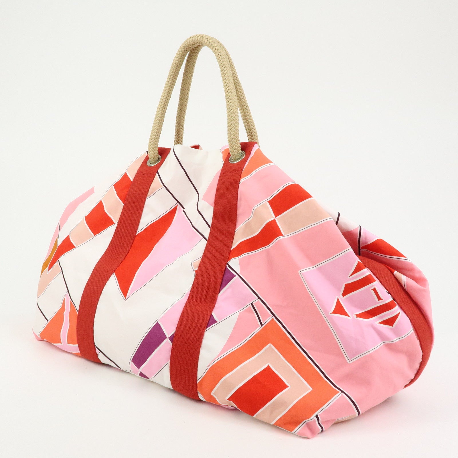 HERMES Cabas Drapeaux Au Vent Cotton Beach Bag Tote Bag Pink Red White