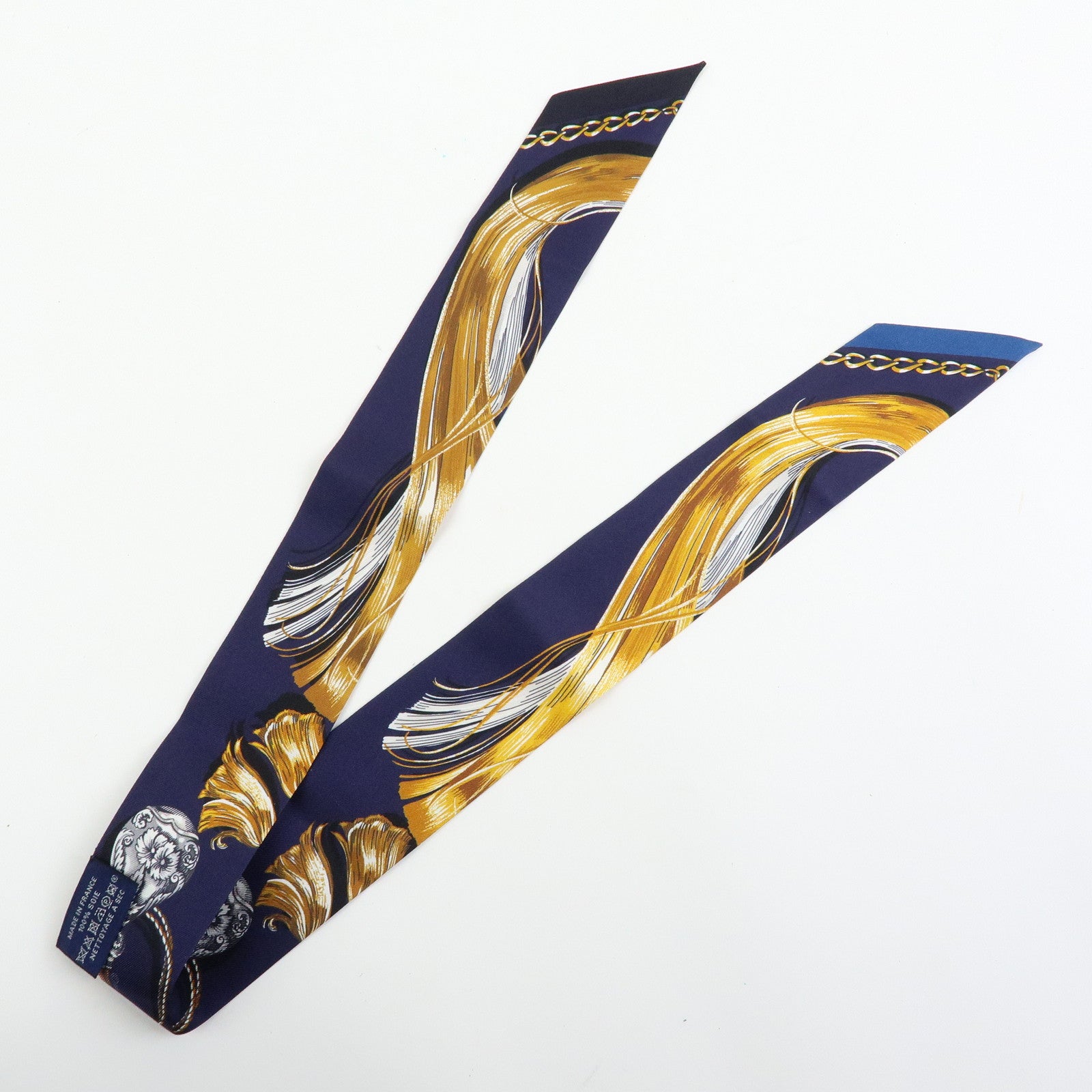HERMES Twilly Silk 100% Scarf Cavalcades Dressage Whip Print Navy