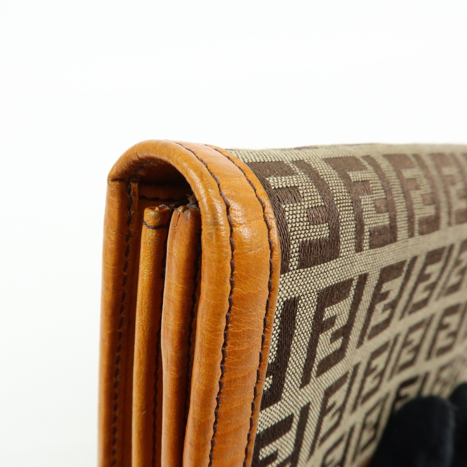 FENDI Zucchino Jacquard Canvas Leather Bi-fold Long Wallet Beige 8M0000