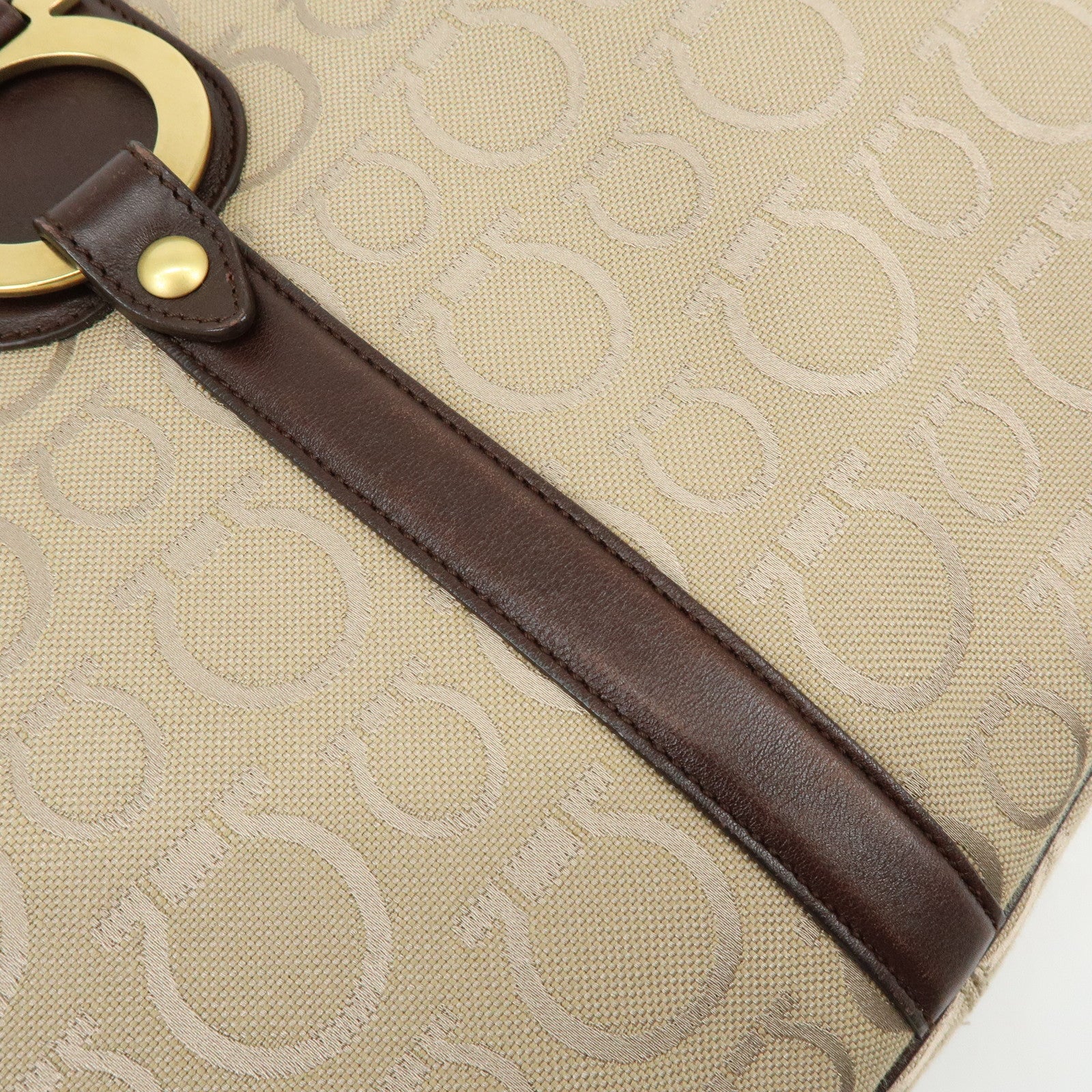 Ferragamo Gancini Canvas Leather Tote Bag Hand Bag Beige Brown