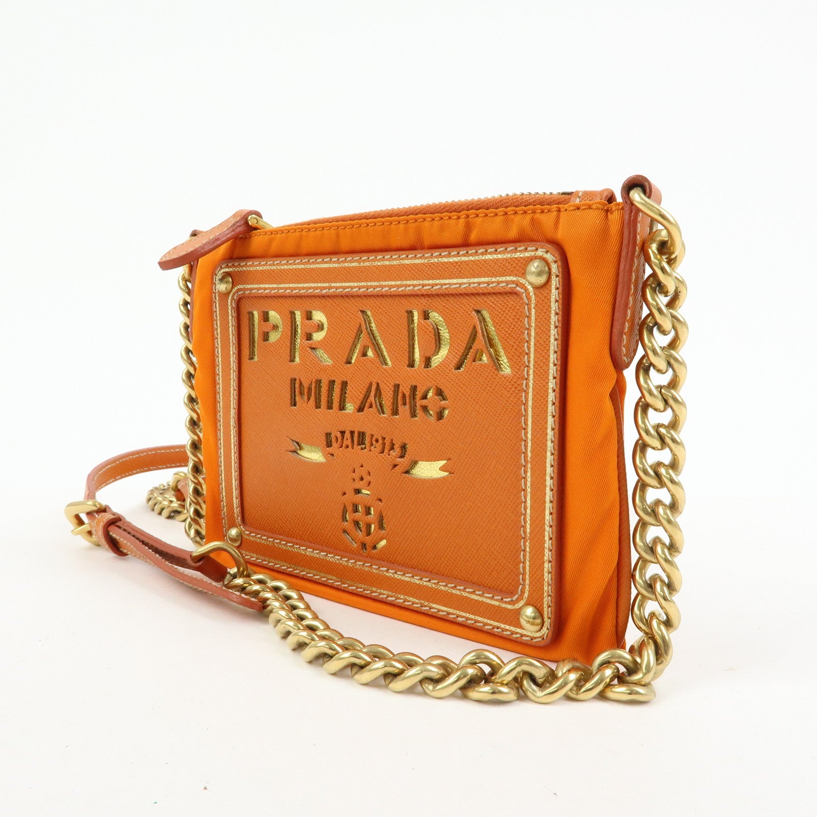 PRADA Nylon Leather Chain Shoulder Bag Crossbody Bag Papaya Orange