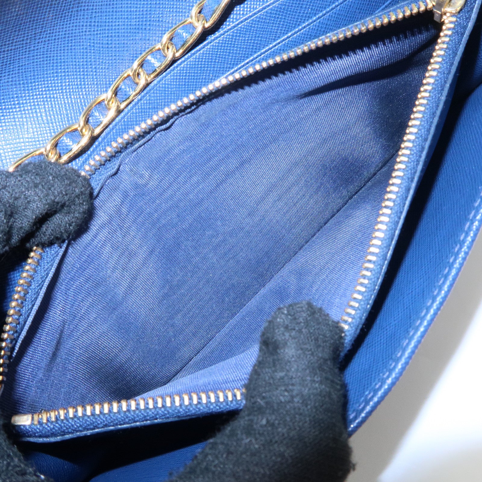 PRADA Logo Leather Chain Wallet WOC Blue Gold Hardware 1MT290 Used