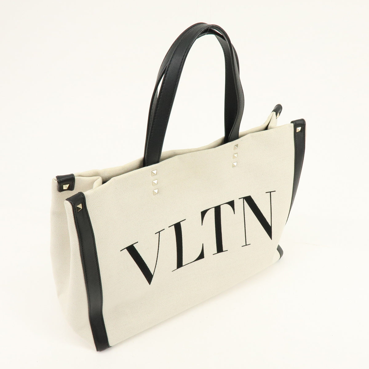 VALENTINO VLTN Rockstud Canvas Leather Tote Bag Hand Bag White Black