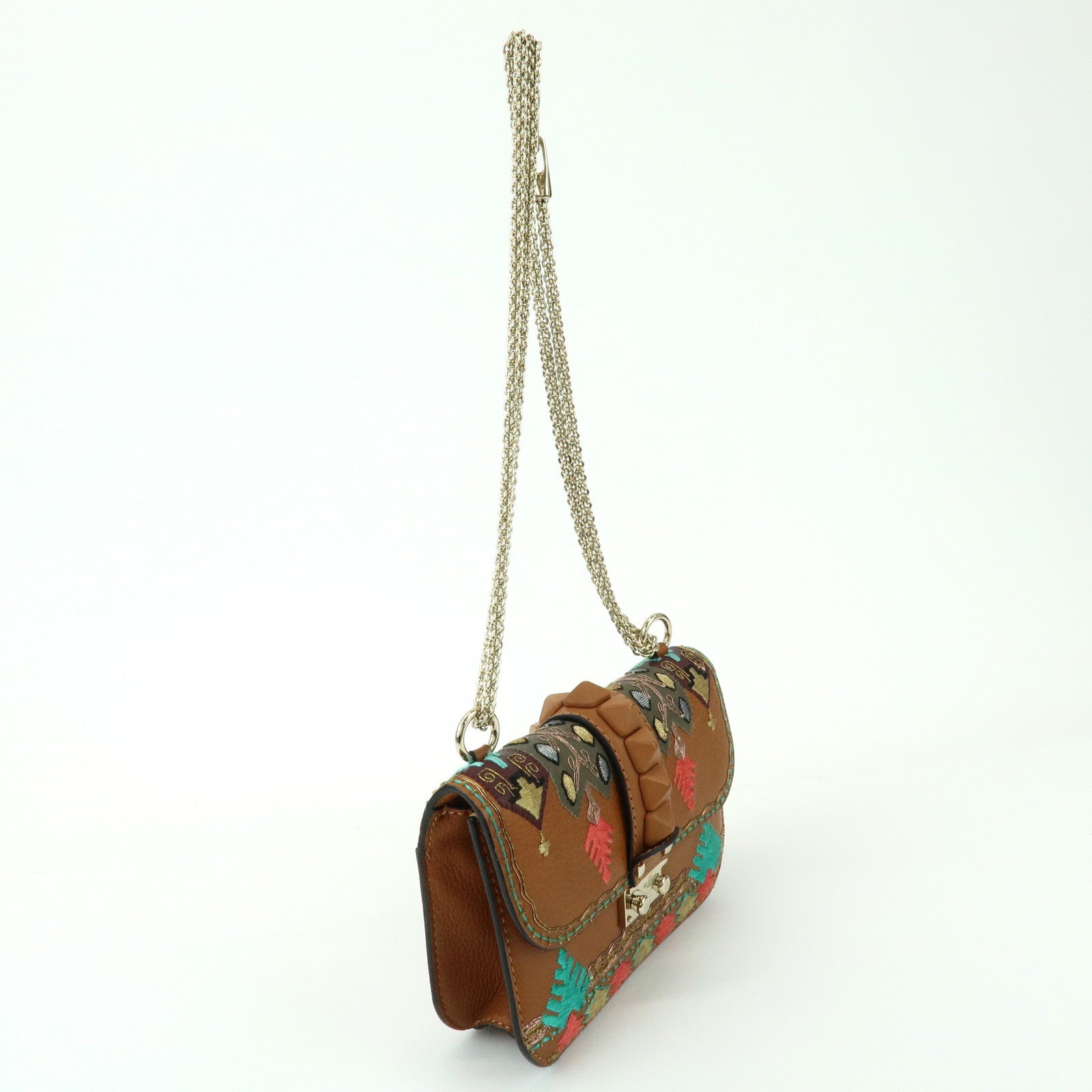 VALENTINO Glam Lock Embroidery Leather Chain Shoulder Bag Brown