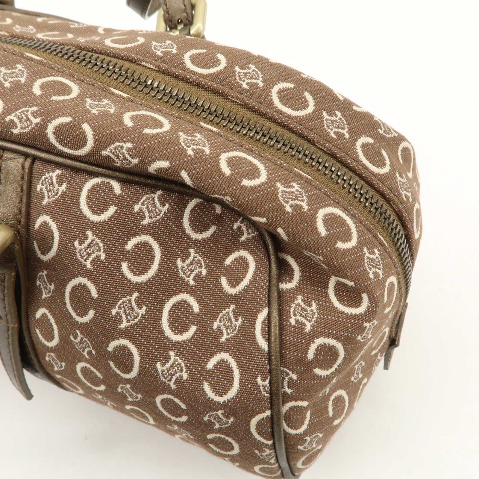 CELINE C Macadam Canvas Leather Boston Bag Hand Bag Brown White Used