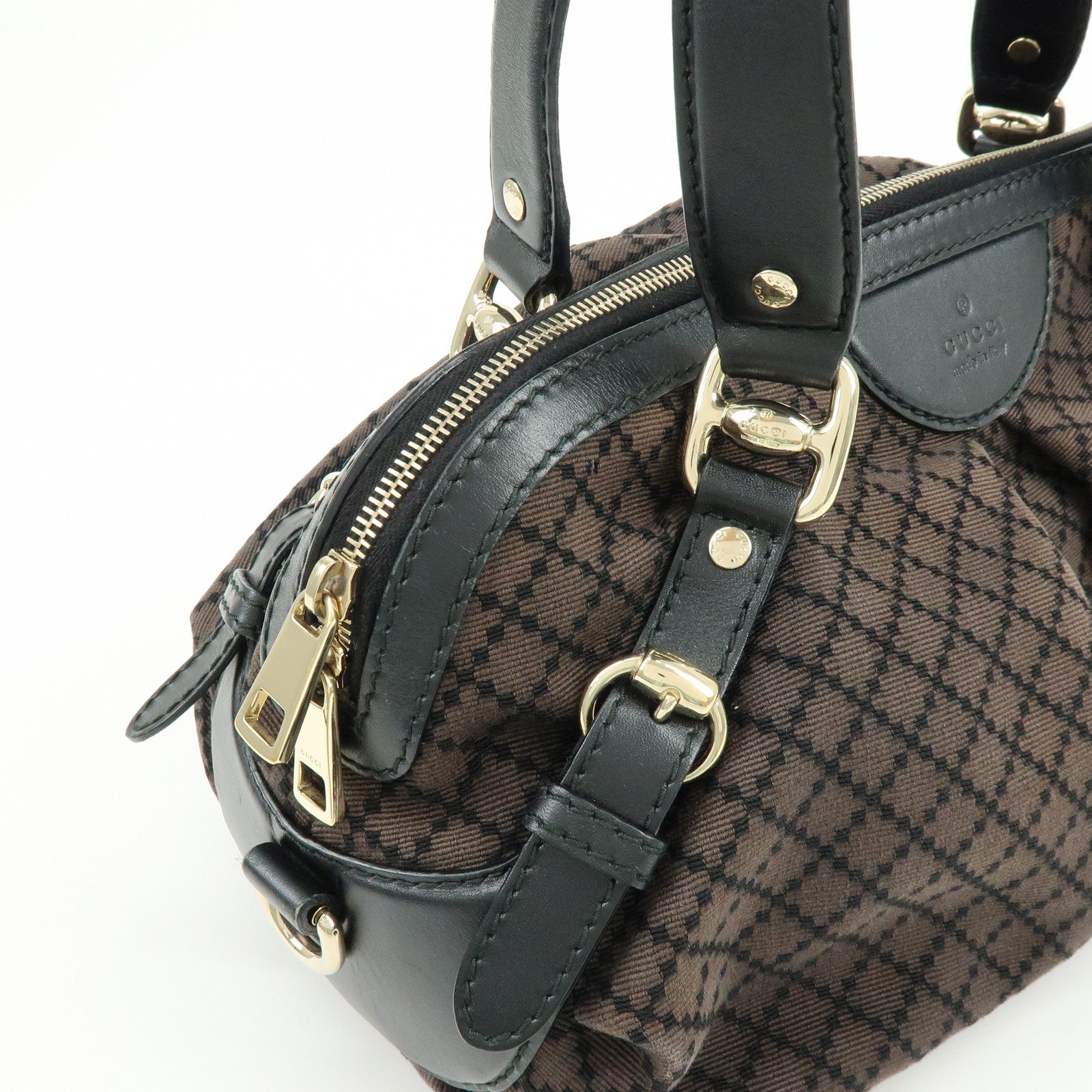 GUCCI Diamante Canvas Leather Shoulder Bag Boston Bag Black 269930