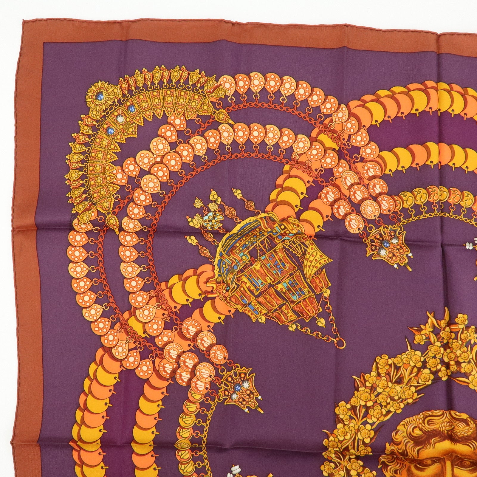 HERMES Carre 90 Silk 100% Scarf KOSMIMA Jewelry Brown Mustard Purple