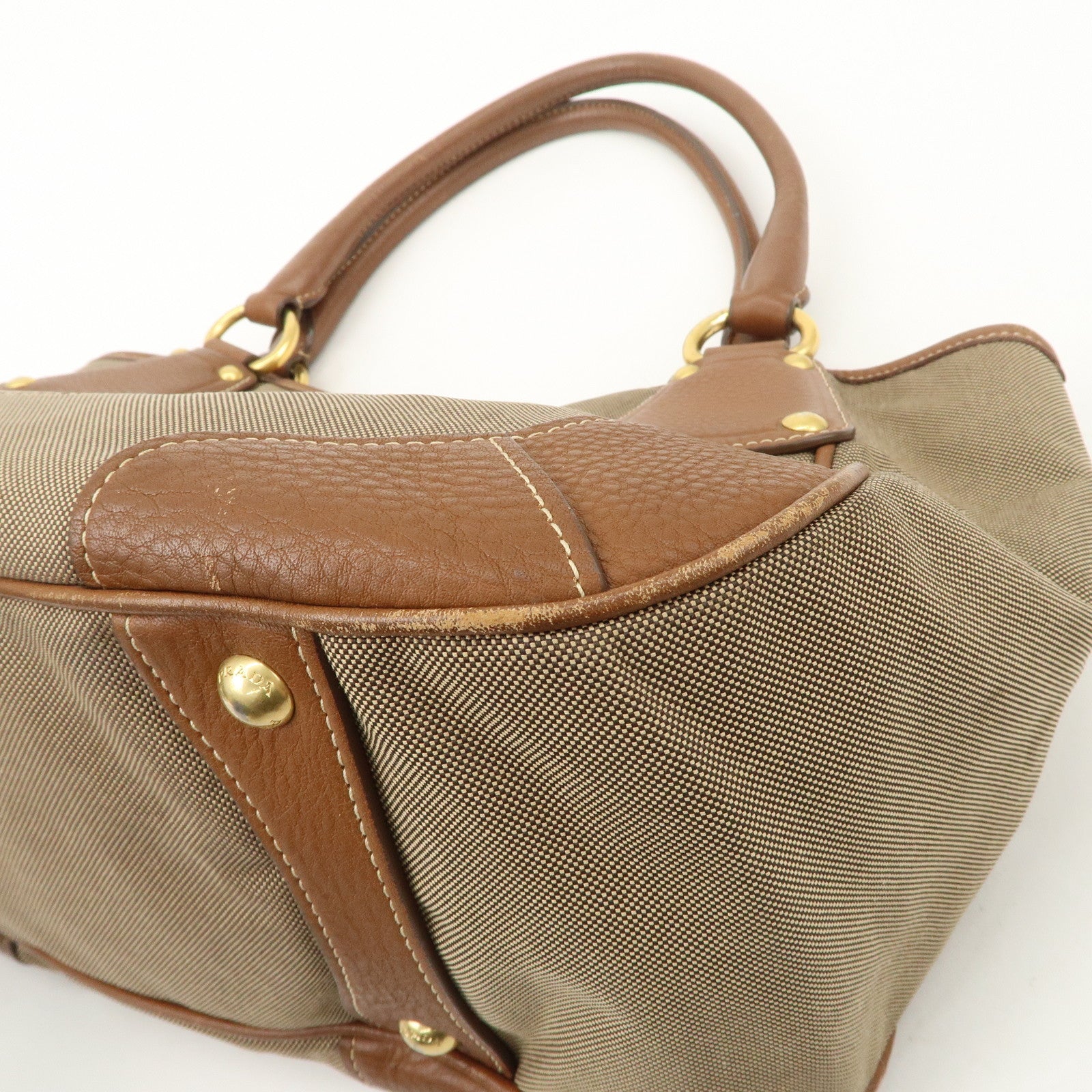 PRADA Logo Jacquard Leather Tote Bag Hand Bag Brown BR4635 Used