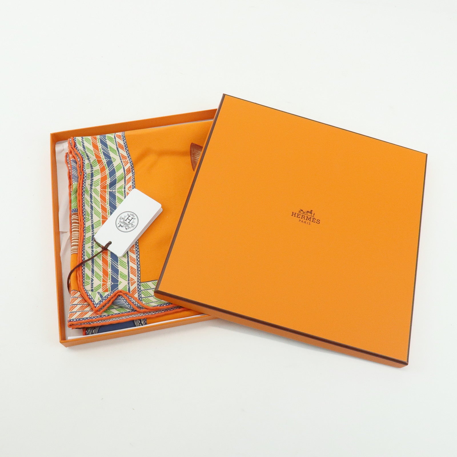 HERMES Carre 90 Silk 100% Scarf Favori du Faubourg Wash Orange Blue
