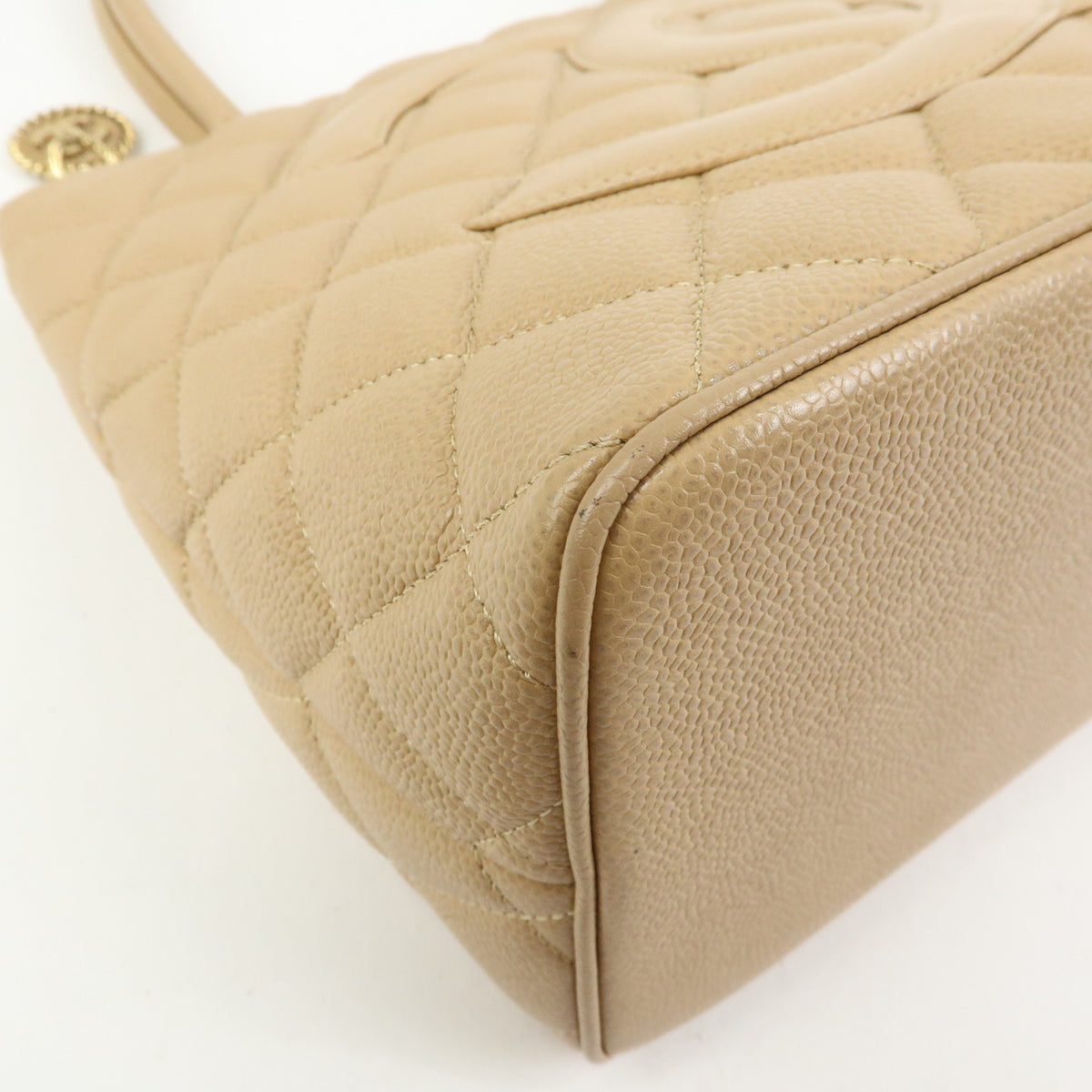 CHANEL Matelasse COCO Mark Caviarskin Medallion Tote Bag Beige A01804