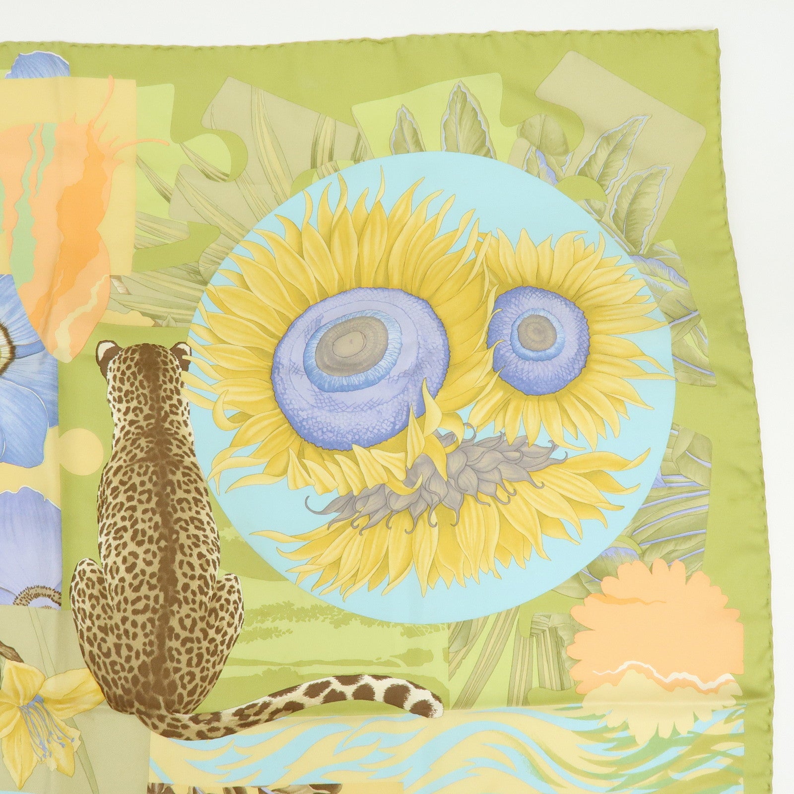 Ferragamo Set of 2 Silk 100% Scarf Tiger Elephant Print Light Green