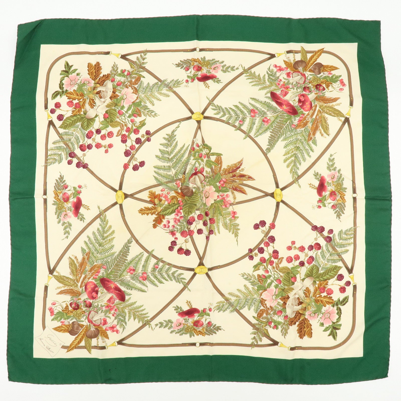 GUCCI Set of 2 Silk 100% Scarf Flower Mushroom Motif Green Navy