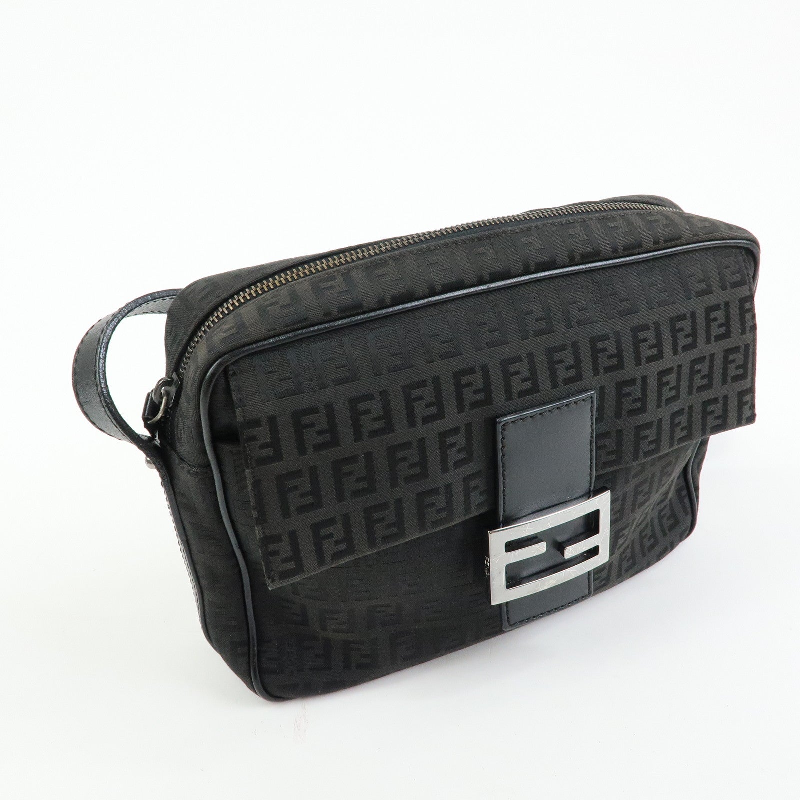 FENDI Zucchino Jacquard Canvas Leather Shoulder Bag Black 8BT117