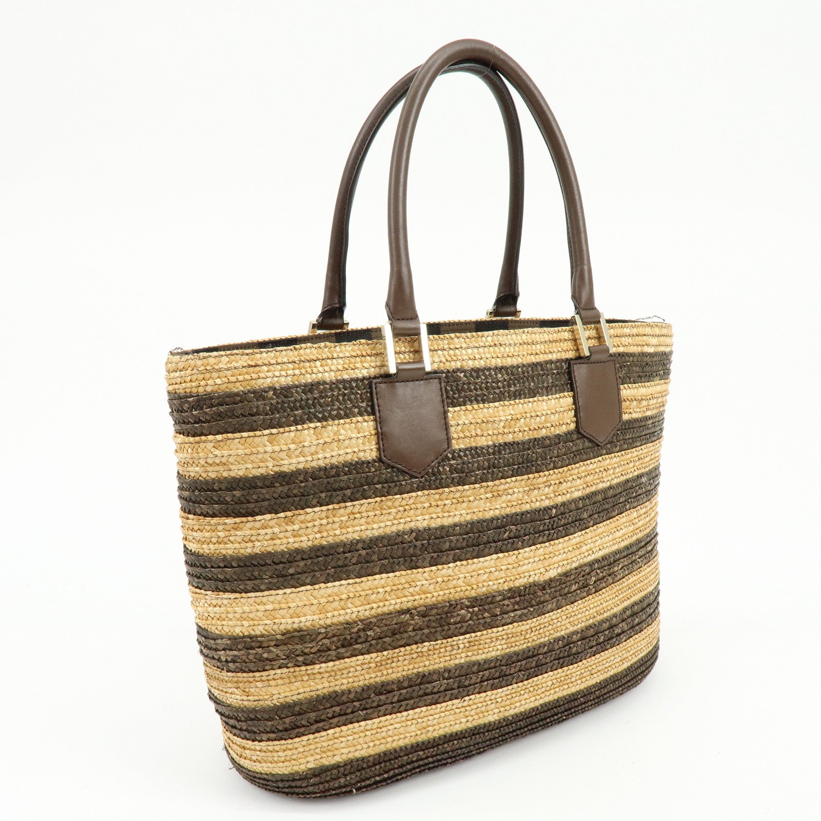 FENDI Pequin Raffia Leather Tote Bag Shoulder Bag Brown Natural