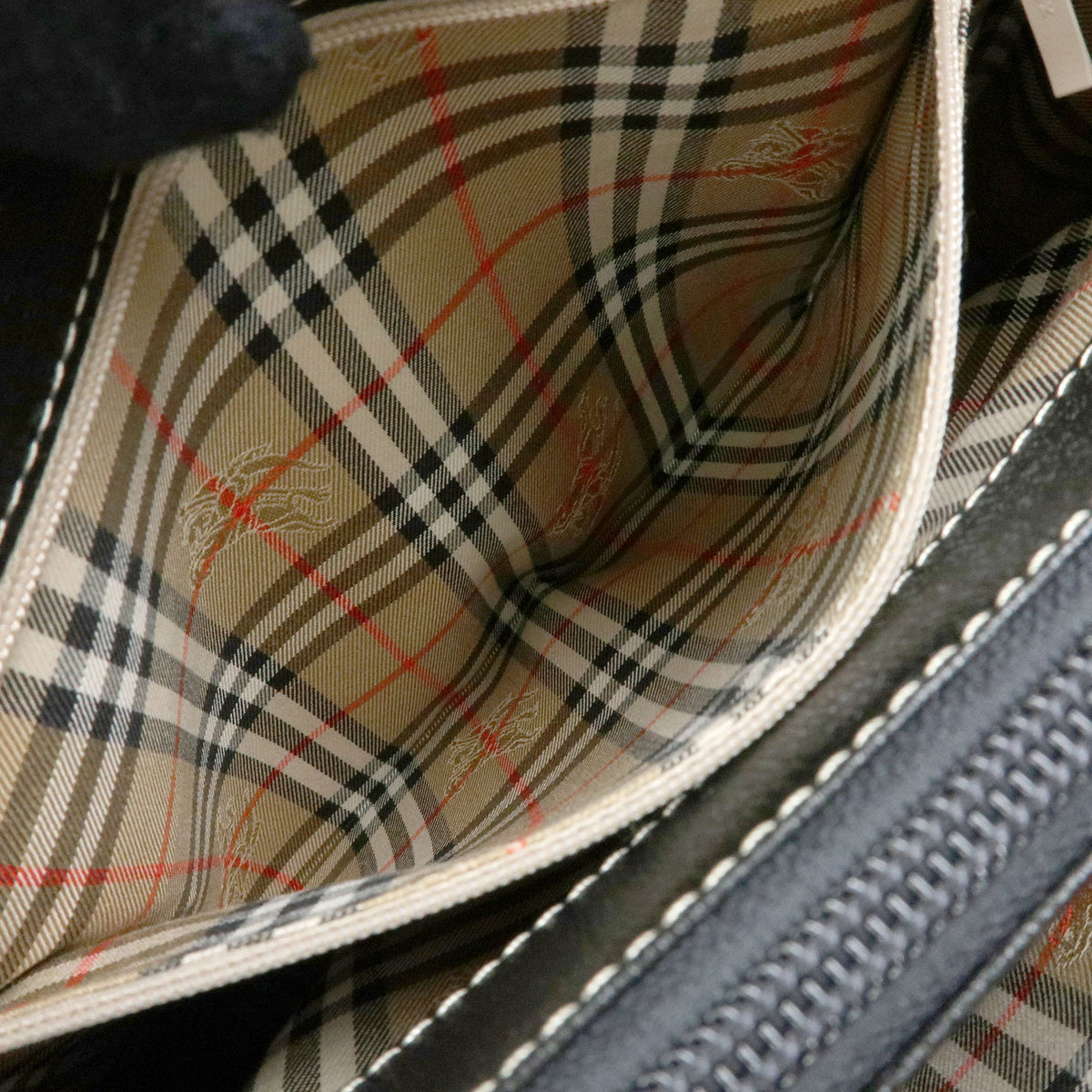 BURBERRY Nova Plaid Leather Hand Bag Tote Bag Side Belt Black