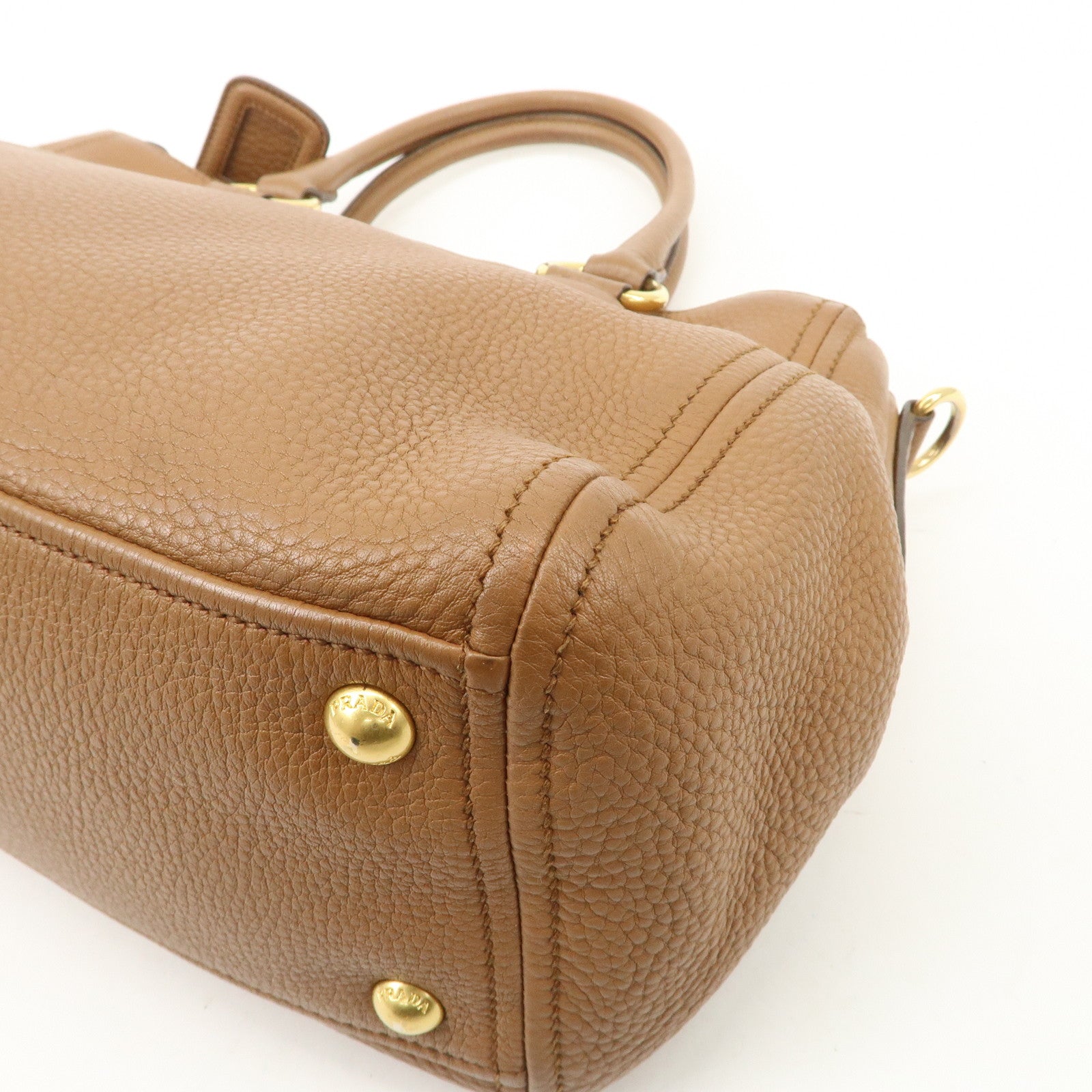 PRADA Logo Leather 2WAY Tote Bag Hand Bag Brown Gold Hardware Used