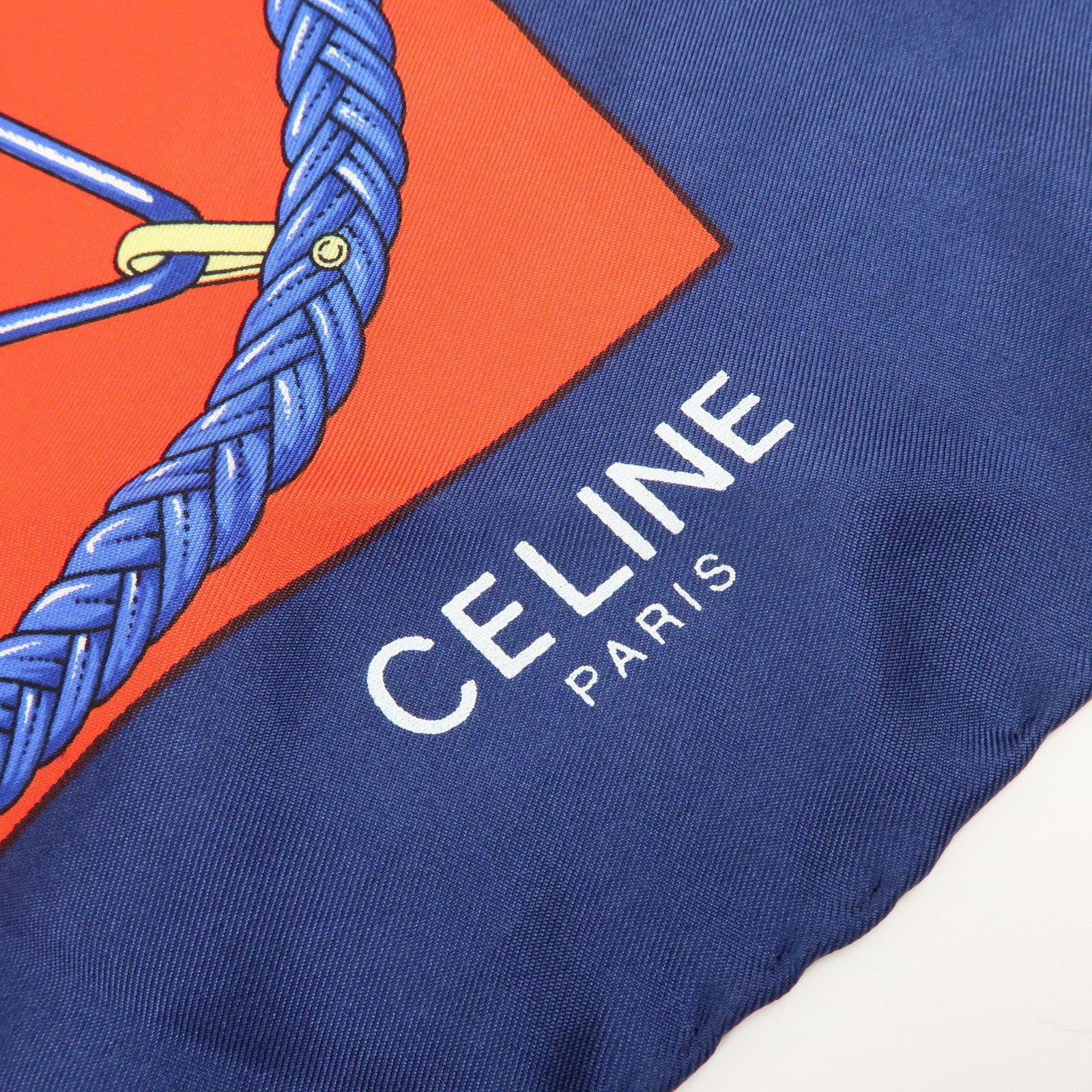 CELINE Set of 2 Silk 100% Scarf Stole Navy Red Gold