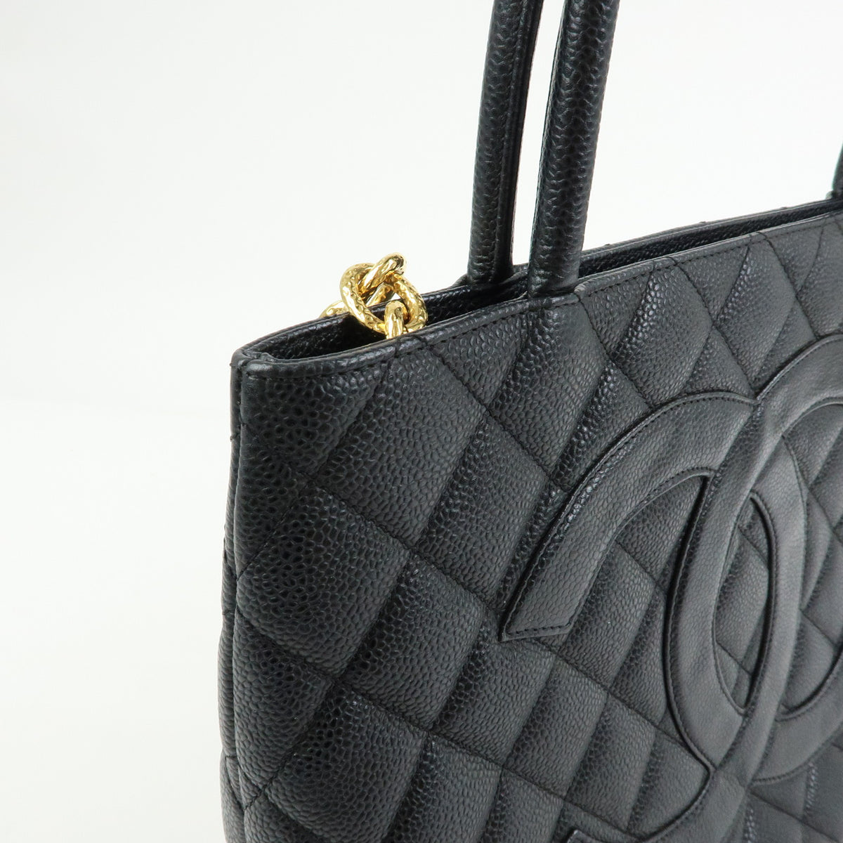 CHANEL Matelasse COCO Mark Caviarskin Medallion Tote Bag Black A01804