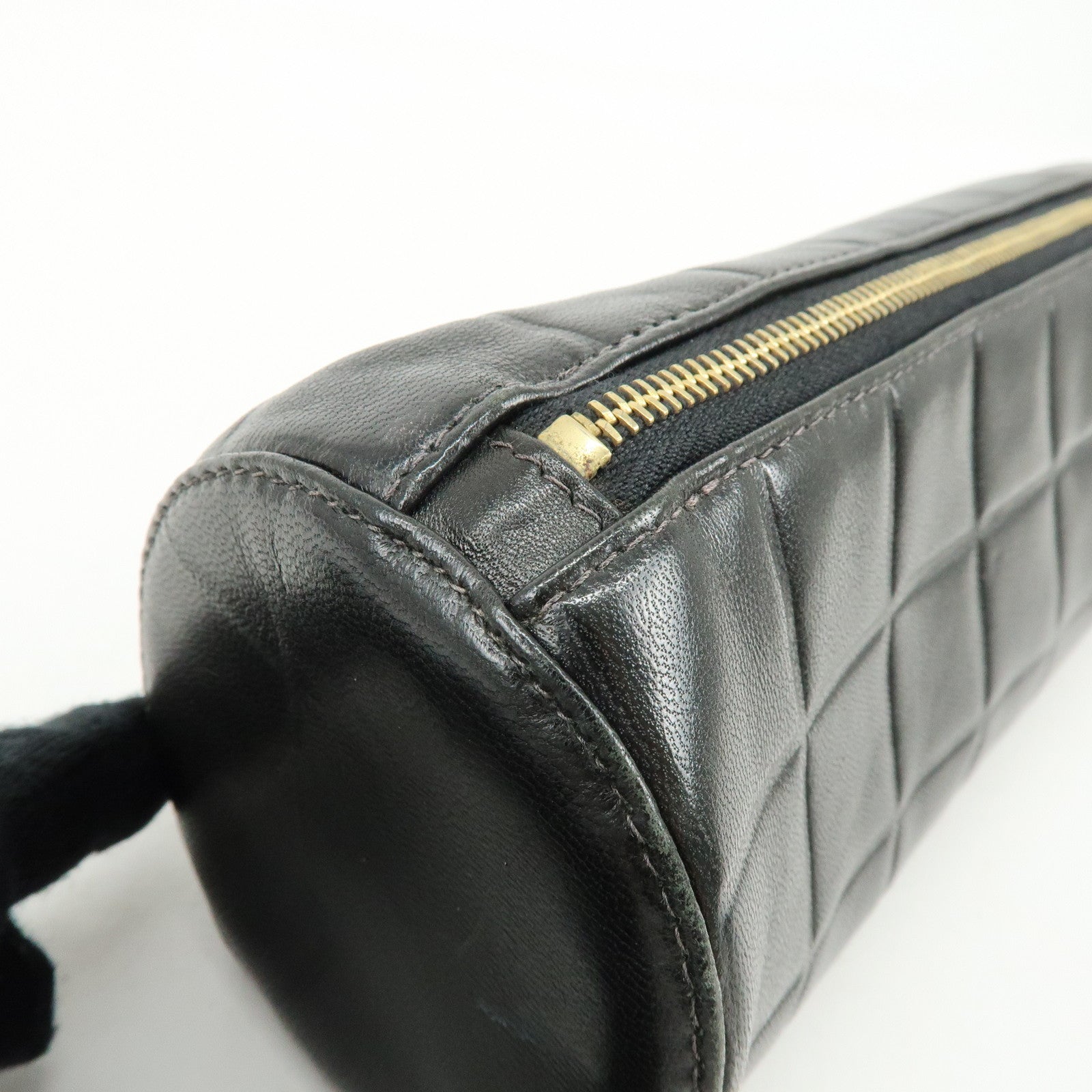 CHANEL COCO Mark Chocolate Bar Lamb Skin Cosmetic Pouch Black Gold